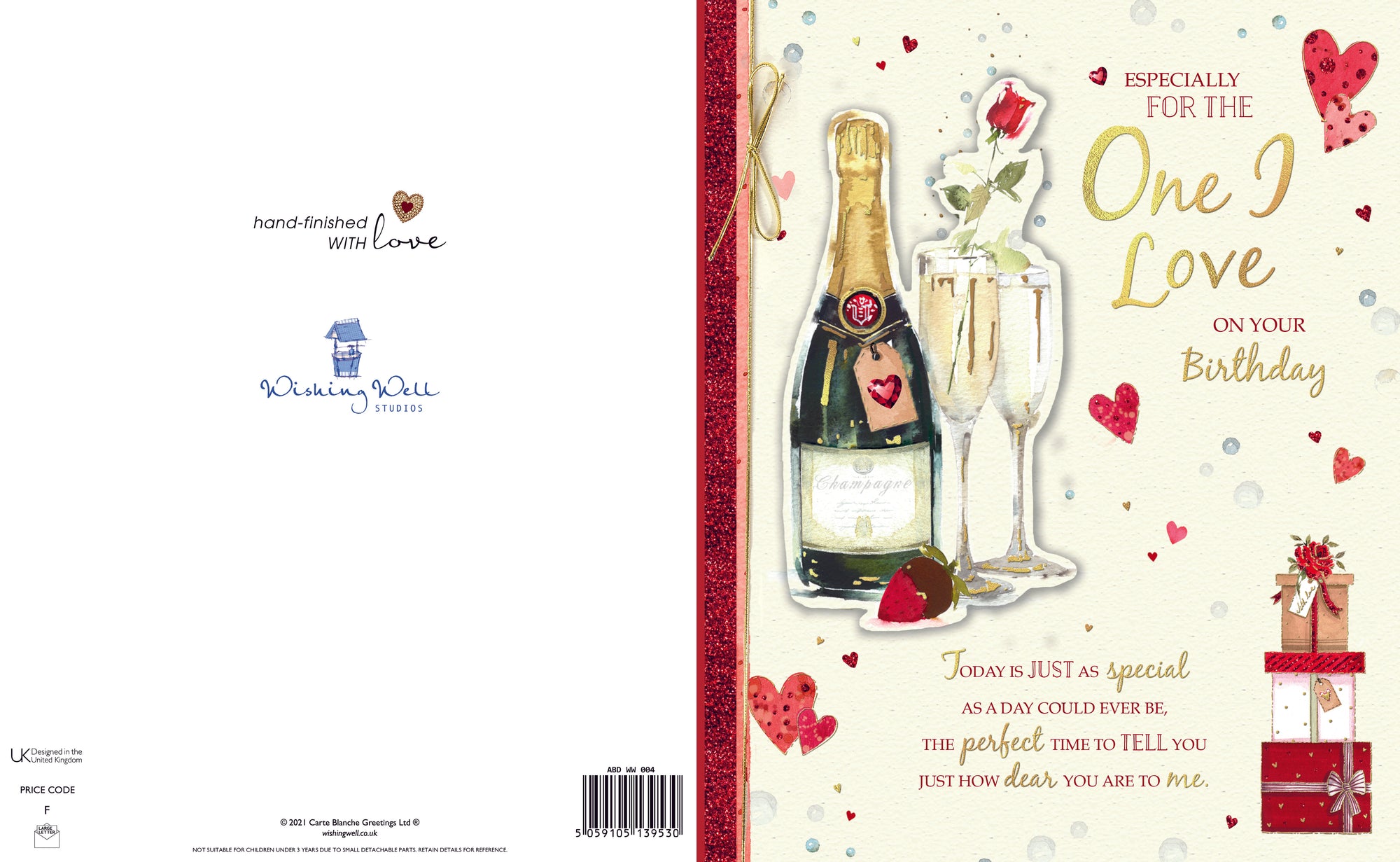 Birthday Card For The One I Love, Champagne And Roses Handmade Greeting Card By Wishing Well Studios - 8x10ins