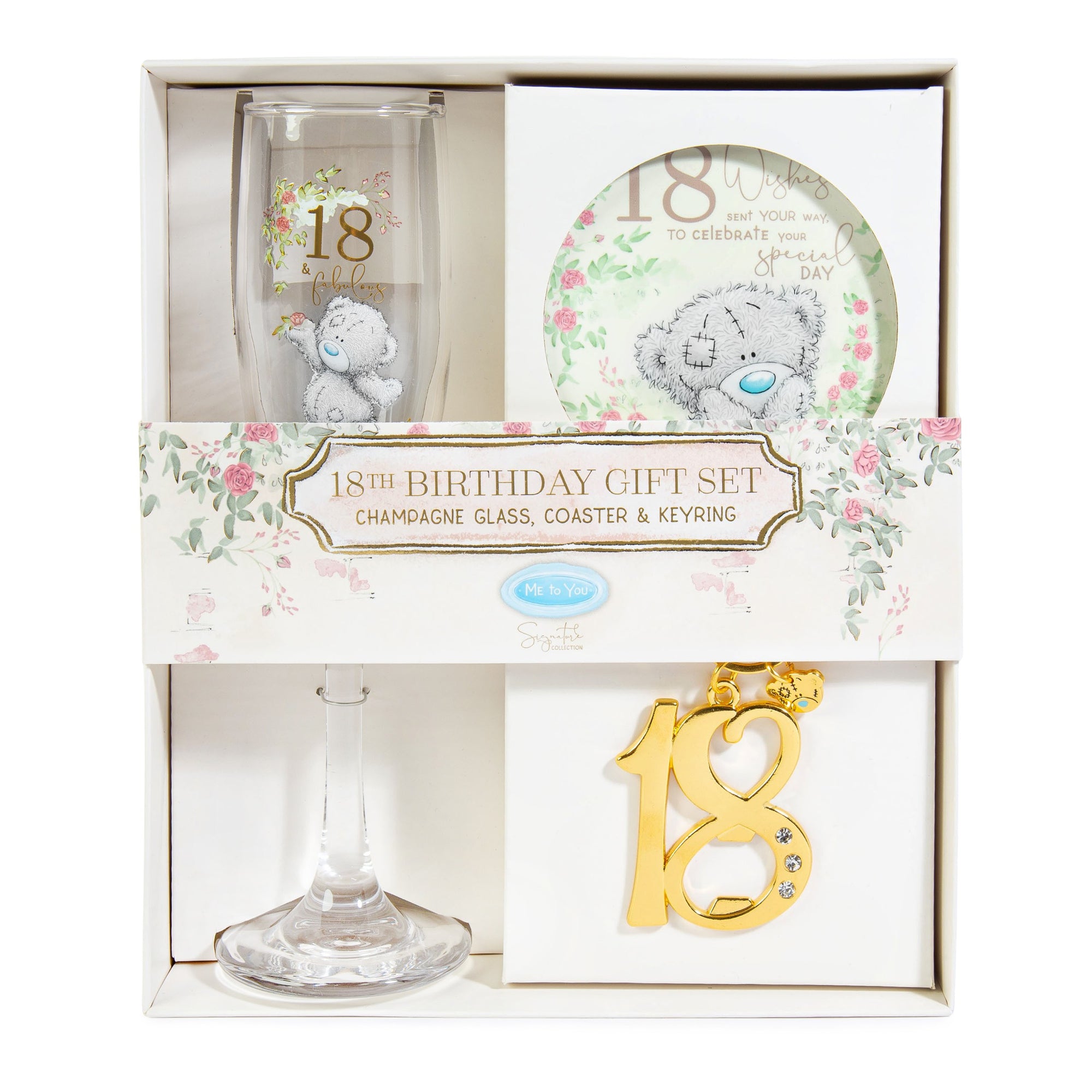 Me to You Tatty Teddy 18th Birthday Gift Set Includes Champagne Glass, Coaster & Keyring In Luxury Gift Box - Signature Collection