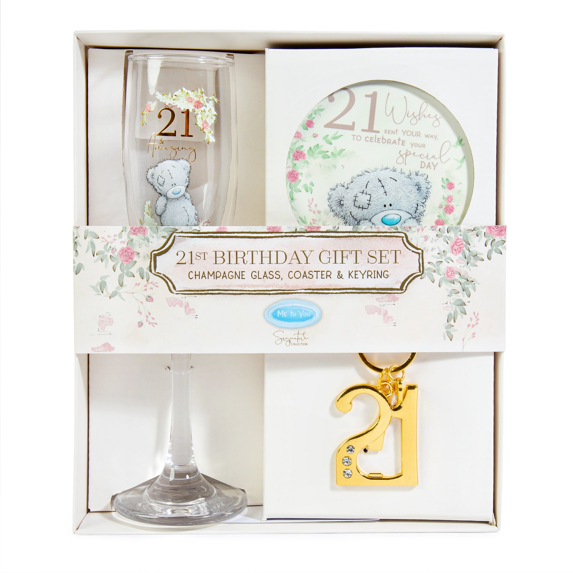 Me to You Tatty Teddy 21st Birthday Gift Set Includes Champagne Glass, Coaster & Keyring In Luxury Gift Box - Signature Collection