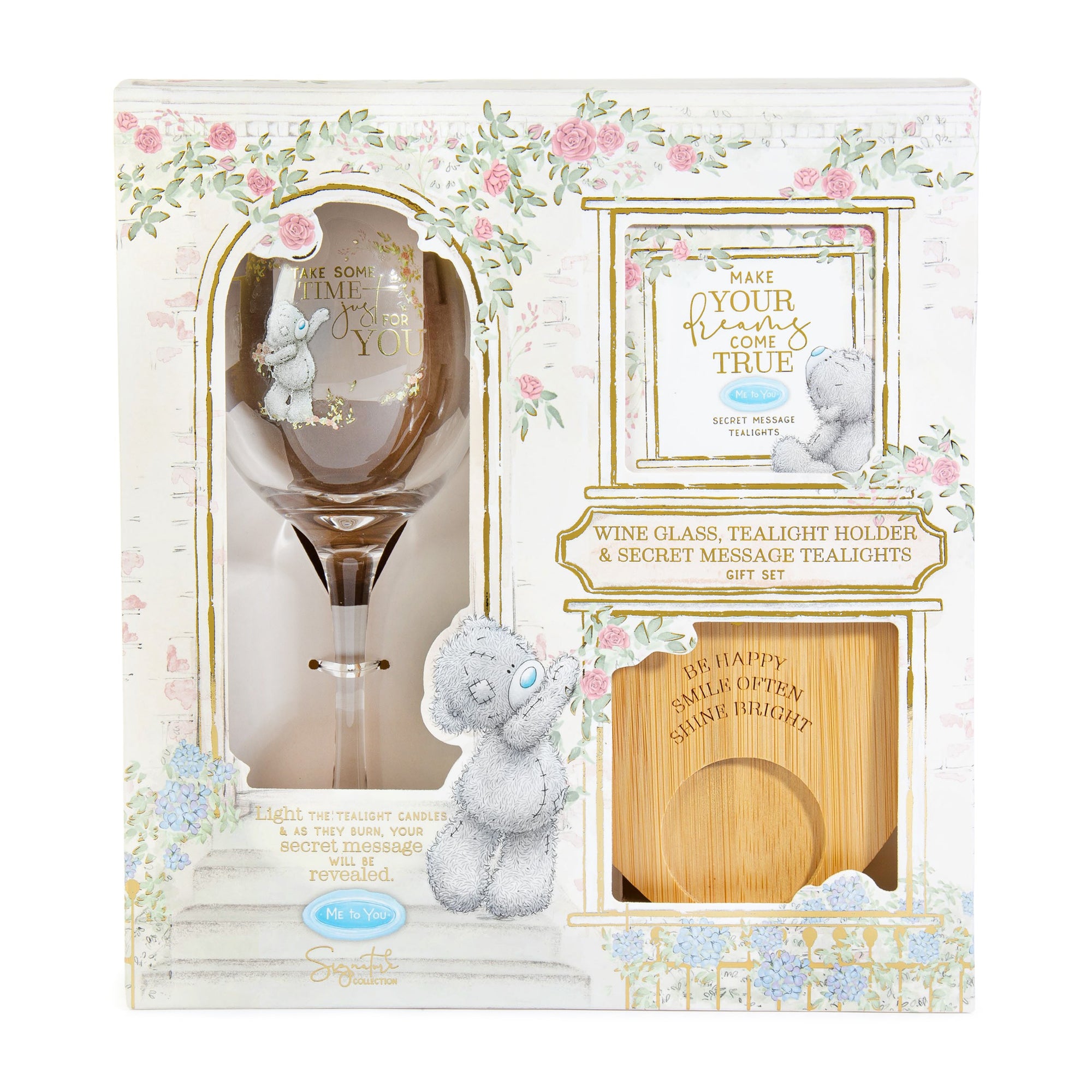 Me to You Tatty Teddy Wine Glass, Wooden Tealight Holder & Secret Message Tealights In Luxury Gift Box