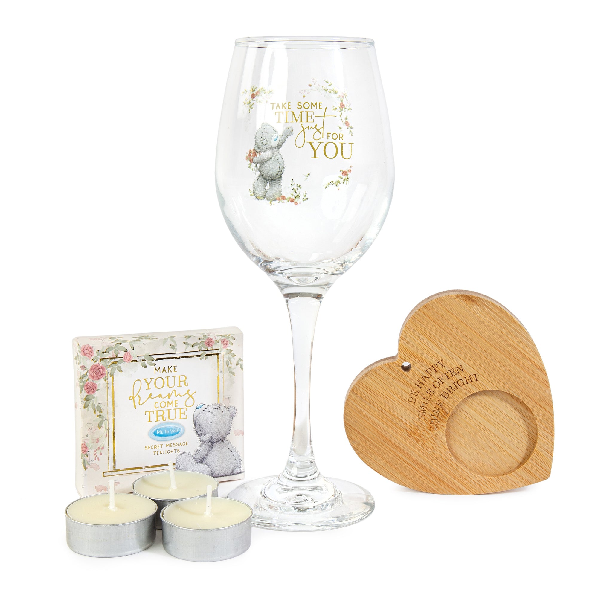 Me to You Tatty Teddy Wine Glass, Wooden Tealight Holder & Secret Message Tealights In Luxury Gift Box