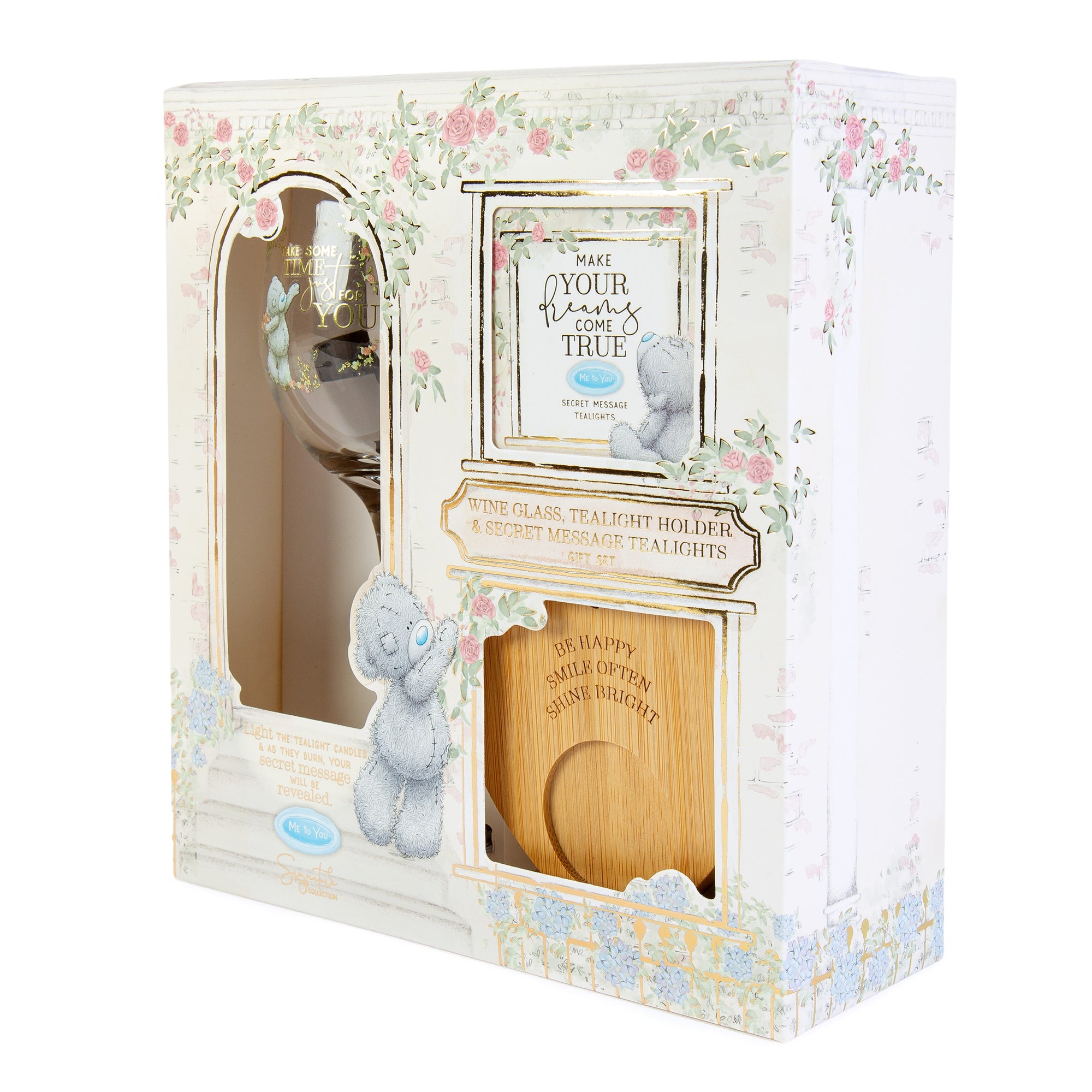 Me to You Tatty Teddy Wine Glass, Wooden Tealight Holder & Secret Message Tealights In Luxury Gift Box