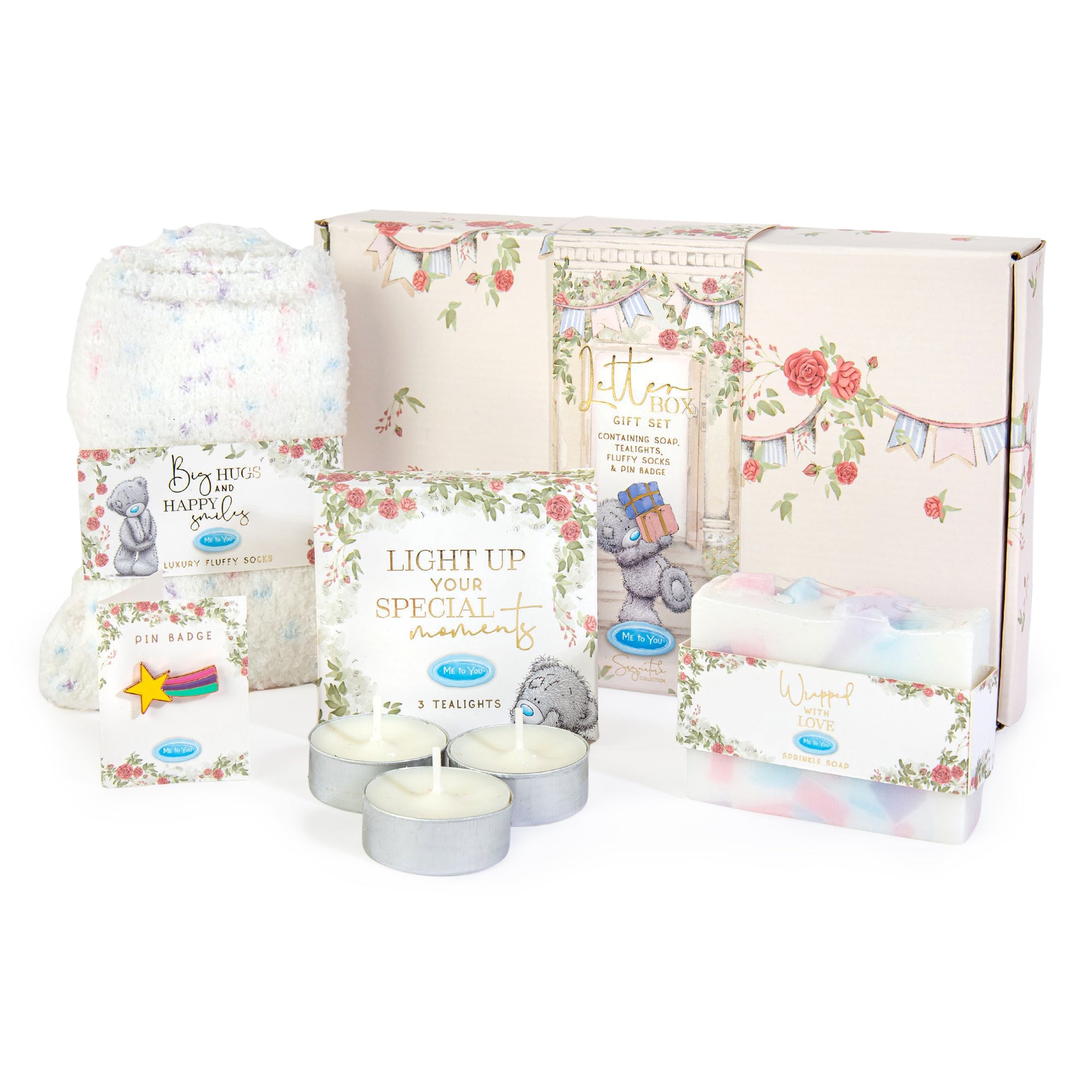 Me to You Tatty Teddy Letterbox Birthday Gift Set Includes Fluffy Socks, Wooden Plaque, Sprinkles Tealights & Pin Badge - Signature Collection