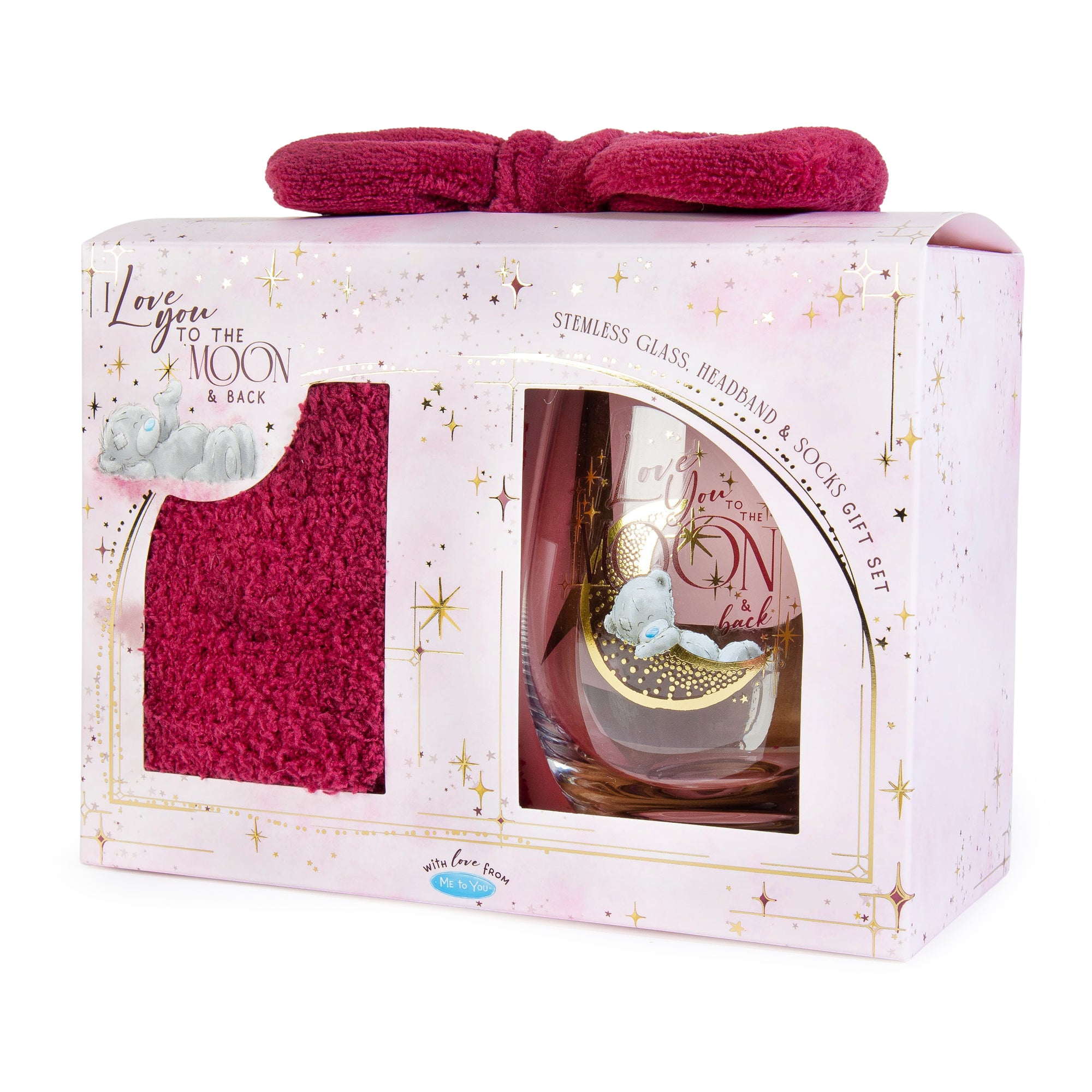 Me to You Tatty Teddy 'I Love You to the Moon and Back' Stemless Glass, Fluffy Bed Socks And Bow Headband Gift Set