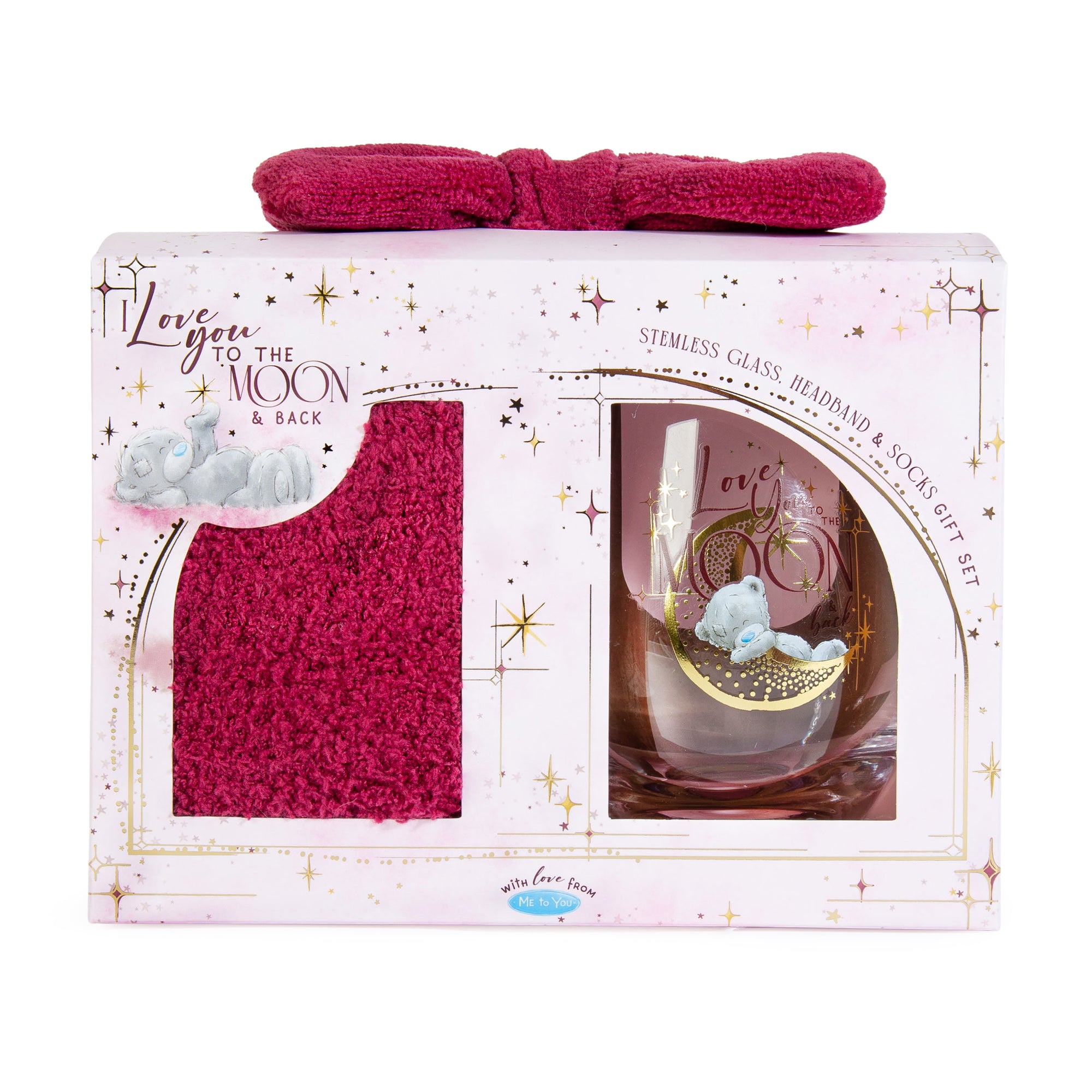 Me to You Tatty Teddy 'I Love You to the Moon and Back' Stemless Glass, Fluffy Bed Socks And Bow Headband Gift Set