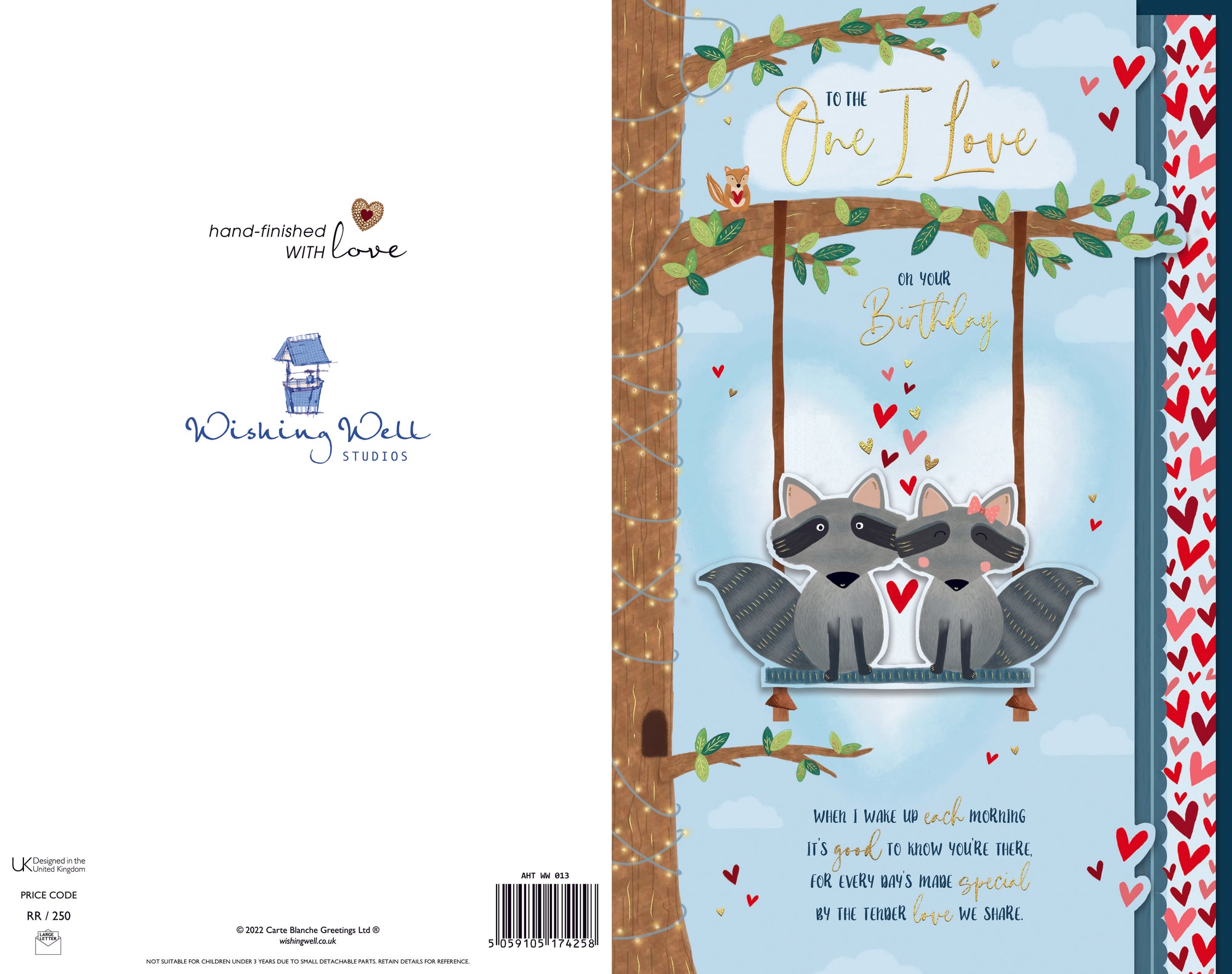 Birthday Card To The One I Love, Racoons On Swing Handmade Greeting Card By Wishing Well Studios - 7x11ins