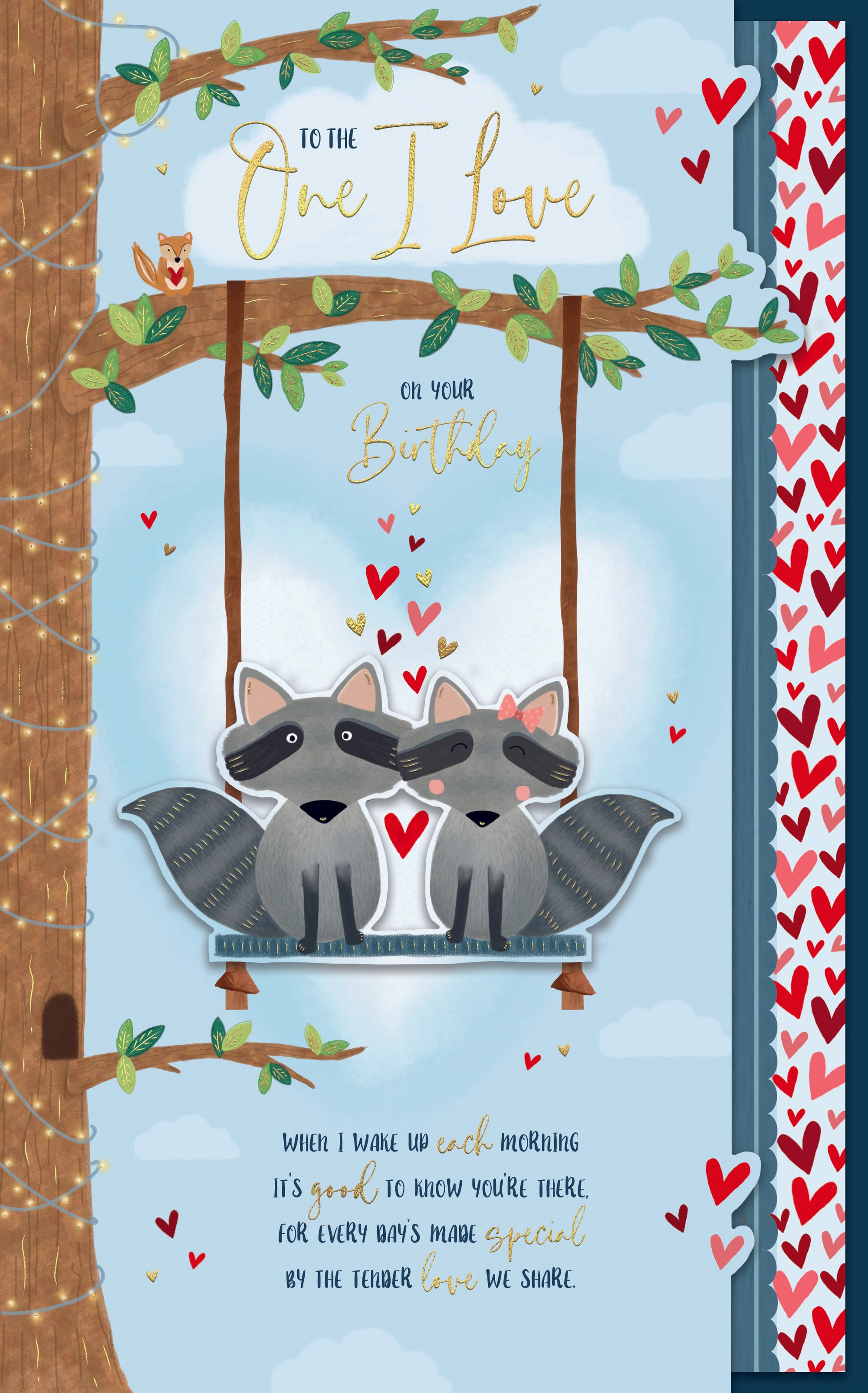 Birthday Card To The One I Love, Racoons On Swing Handmade Greeting Card By Wishing Well Studios - 7x11ins