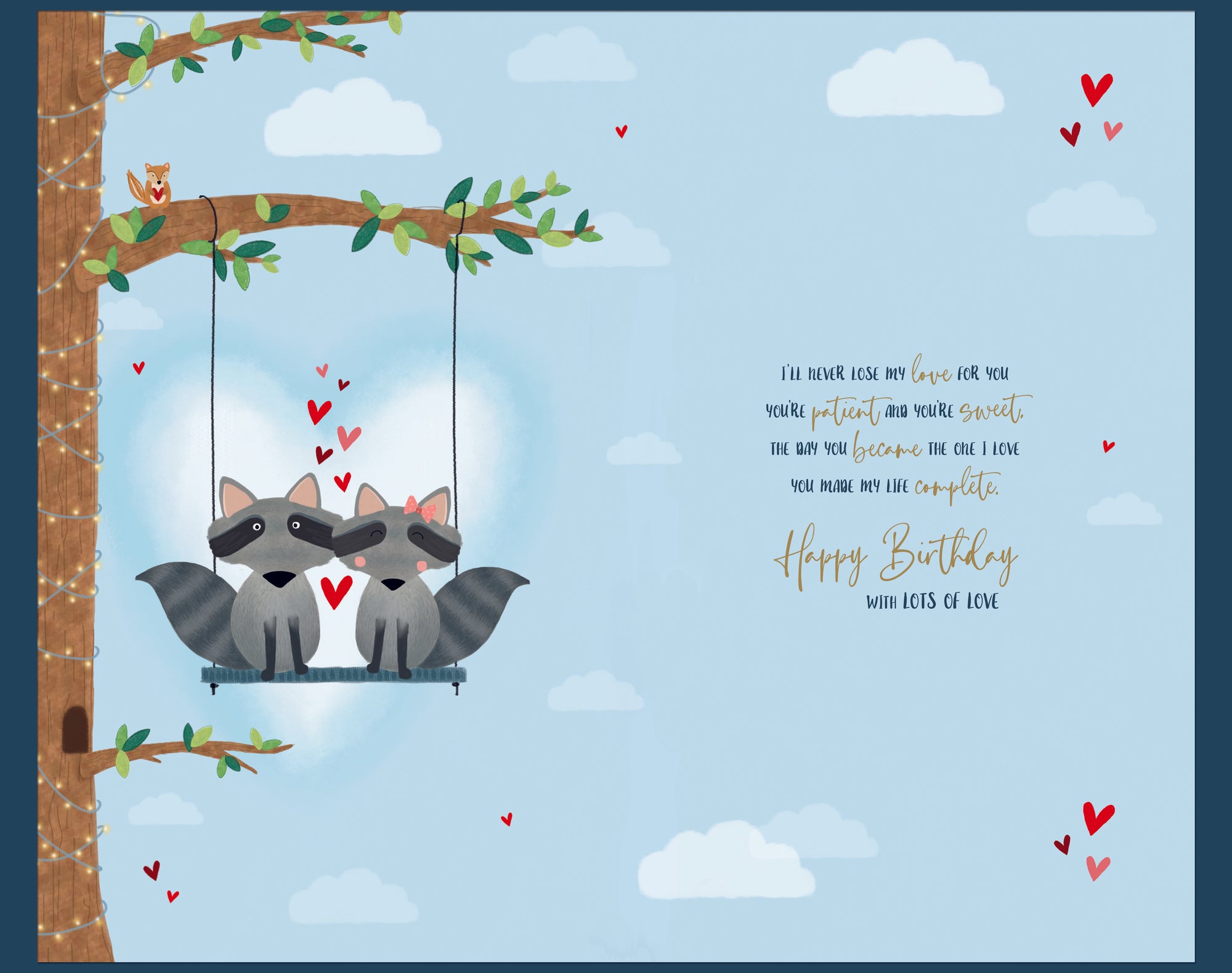 Birthday Card To The One I Love, Racoons On Swing Handmade Greeting Card By Wishing Well Studios - 7x11ins