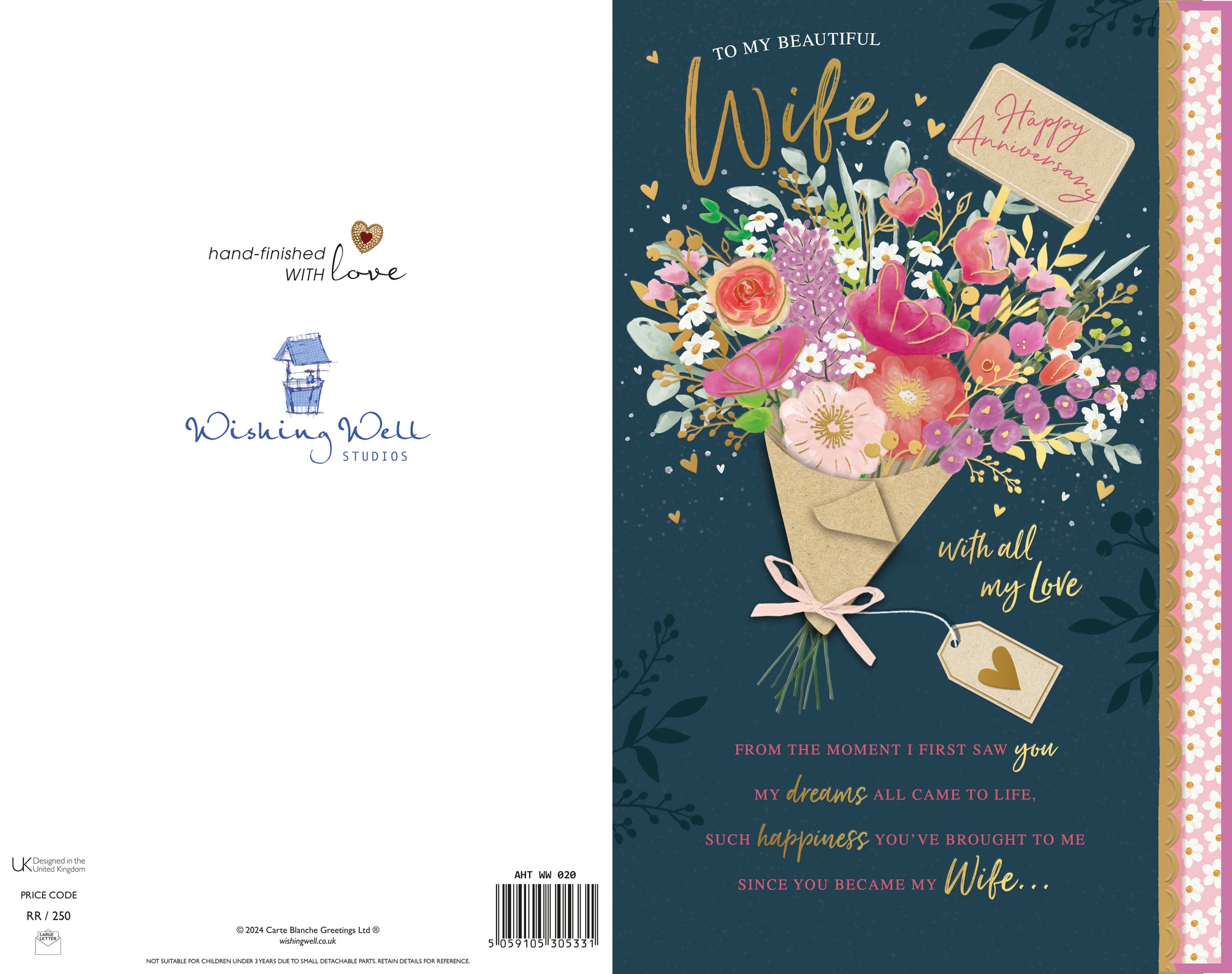 Luxury Hand-Finished Wedding Anniversary Card For Wife | Floral Design By Wishing Well Studios 7 x 11