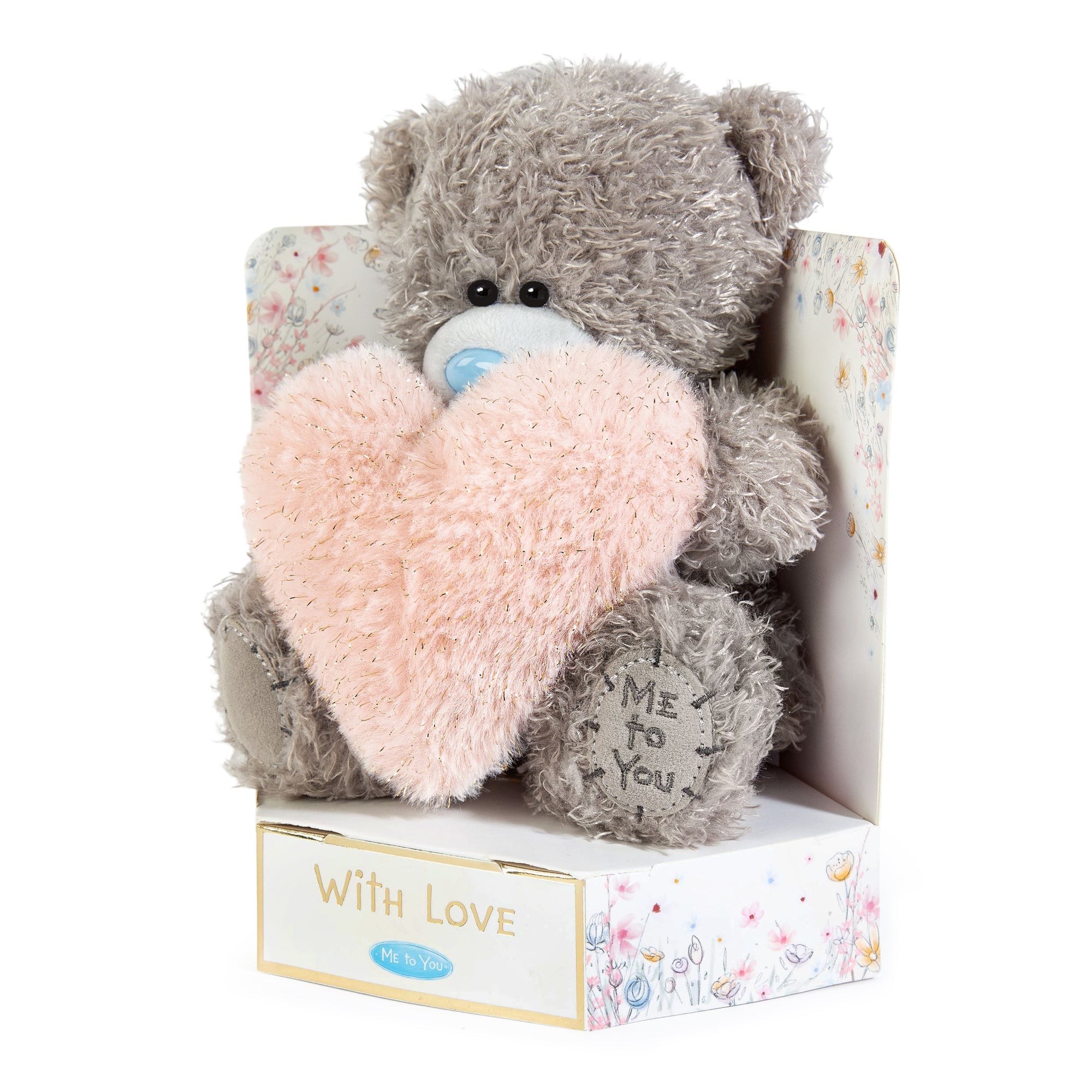 Me to You Tatty Teddy Plush 15cm-High 'With Love' Bear Holding Fluffy Heart On Luxury Gift Plinth - Official Collection