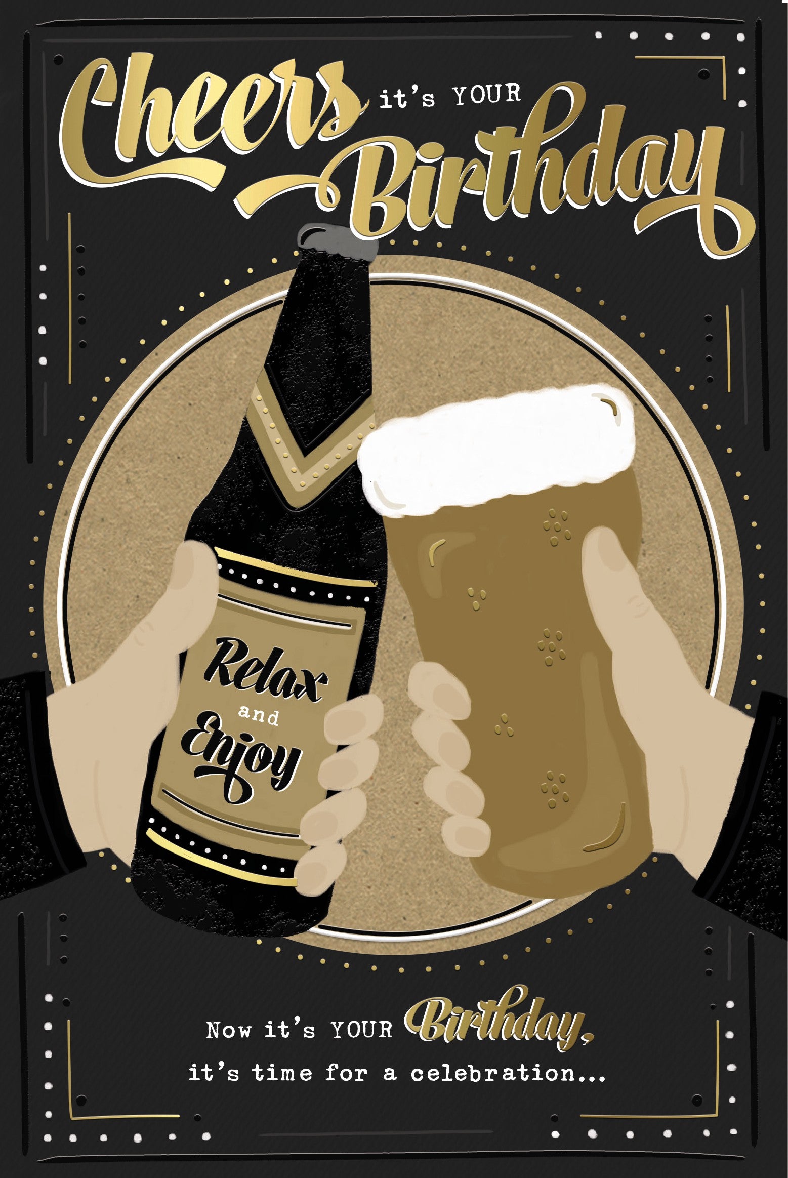 Cheers Birthday Card With Beers For Friend Or Relative, Retro Design And Gold Foil Detail by Wishing Well Studios 5 x 8 Inches