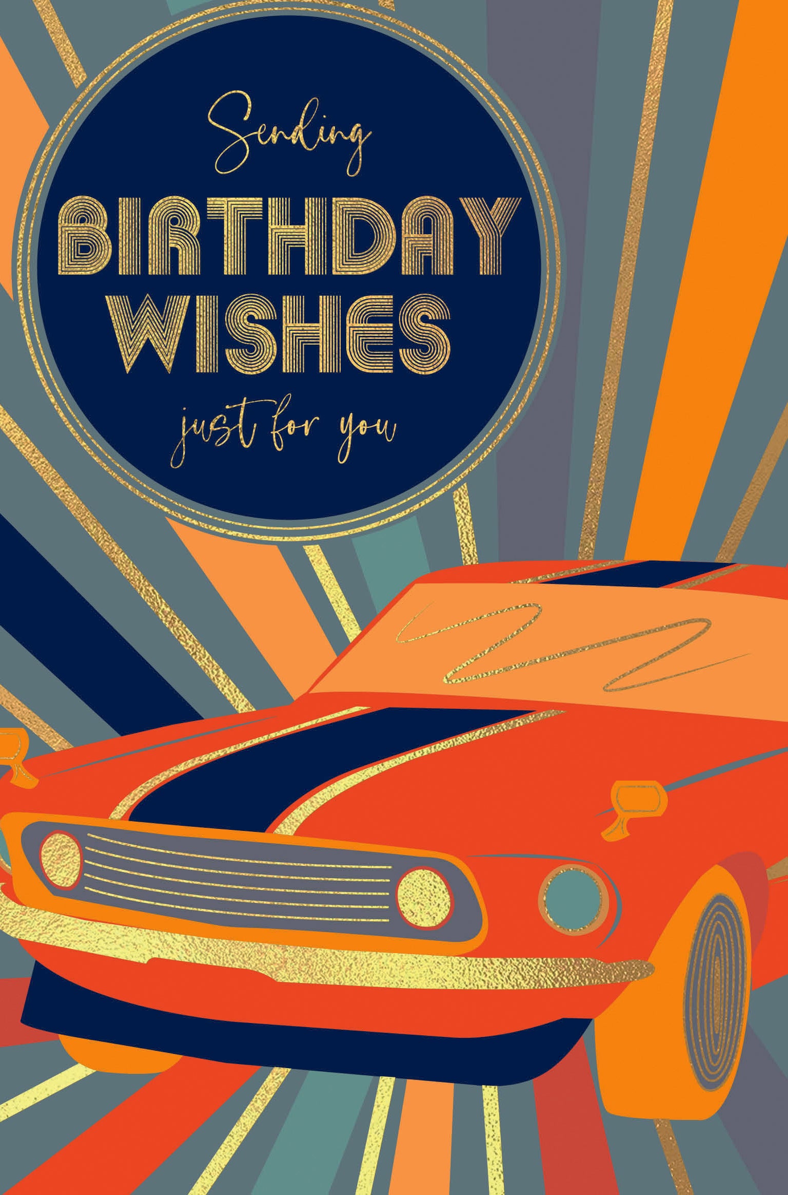 Car-Themed Birthday Card For Friend Or Relative, Retro Design And Gold Foil Detail by Wishing Well Studios 5 x 8 Inches