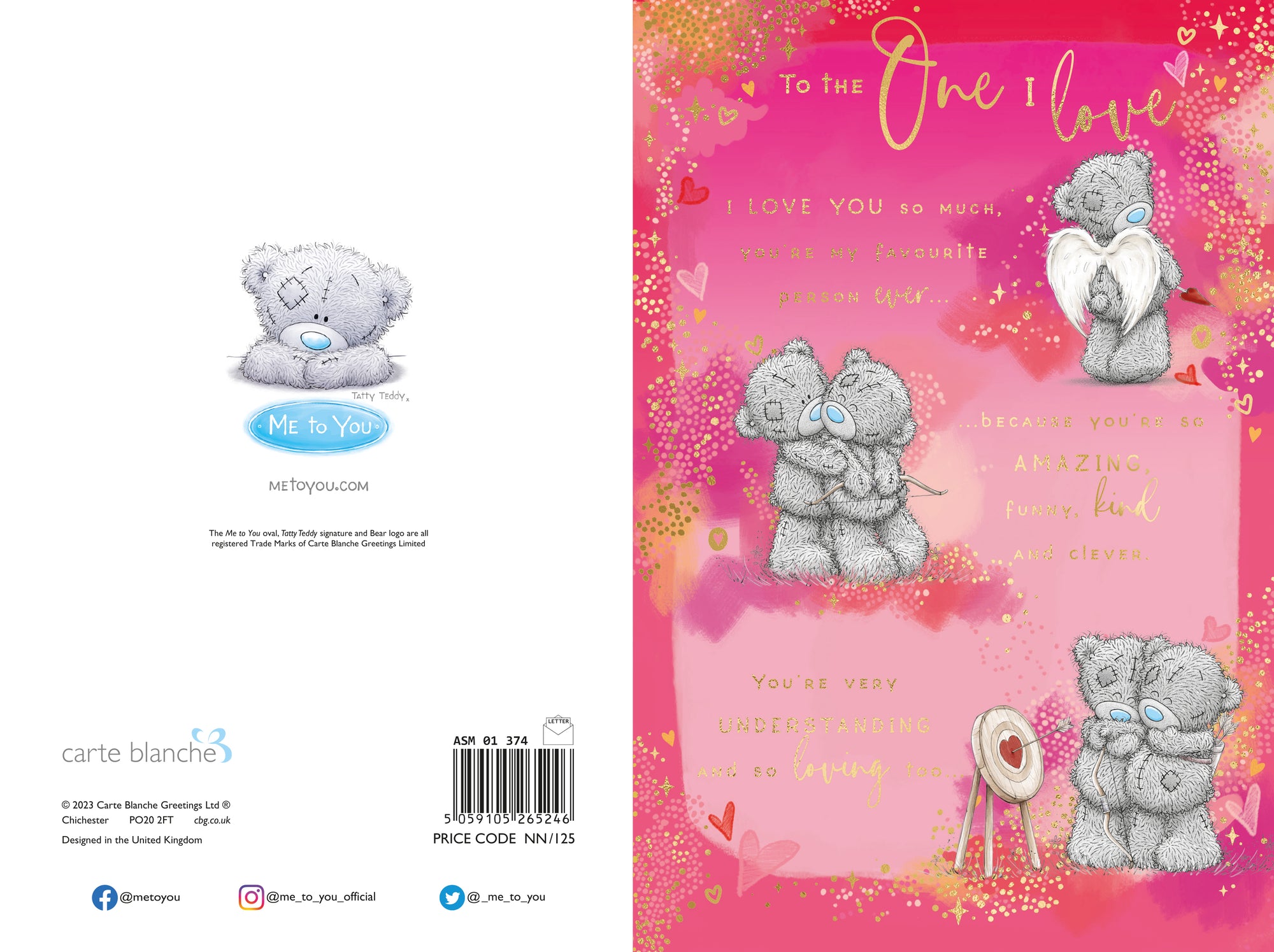 Me to You Tatty Teddy To The One I Love Romantic Verse Birthday Greeting Card 6x9ins -