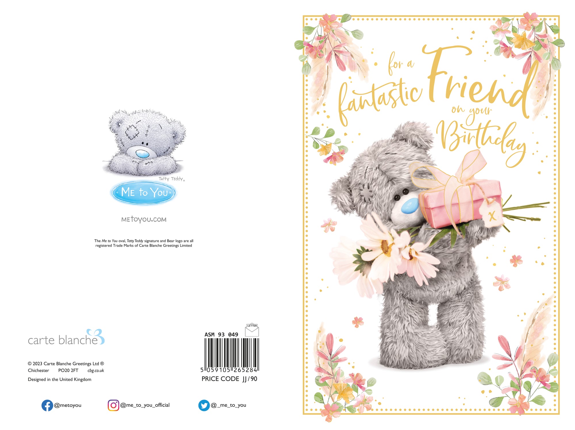 Me to You Fantastic Friend Tatty Teddy Bear Holding Flowers and Gift Birthday Greeting Card 6x9ins - Official Collection