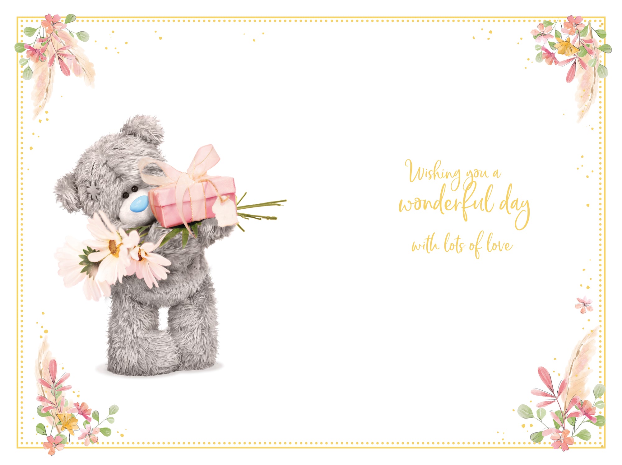 Me to You Fantastic Friend Tatty Teddy Bear Holding Flowers and Gift Birthday Greeting Card 6x9ins - Official Collection