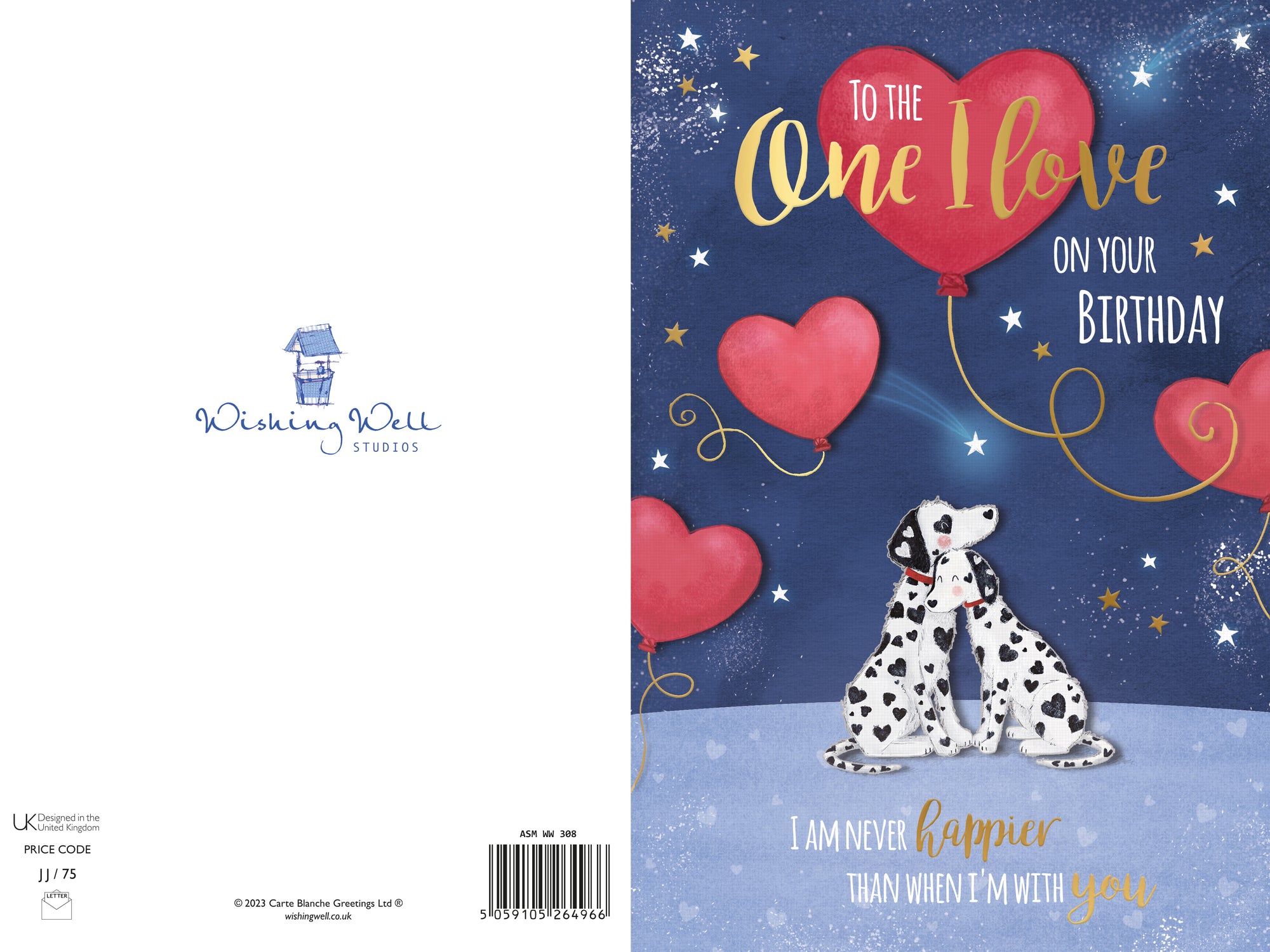 Birthday Card To The One I Love, Dalmatians And Balloons, Greeting Card By Wishing Well Studios - 6x9ins