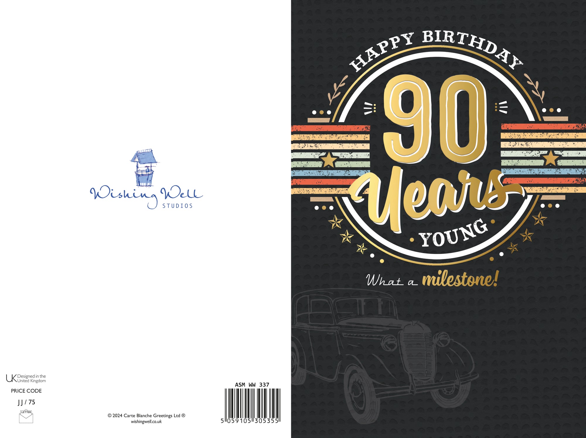 Luxury 90th Birthday Card For Him | Vintage Car Design By Wishing Well Studios 6 x 9