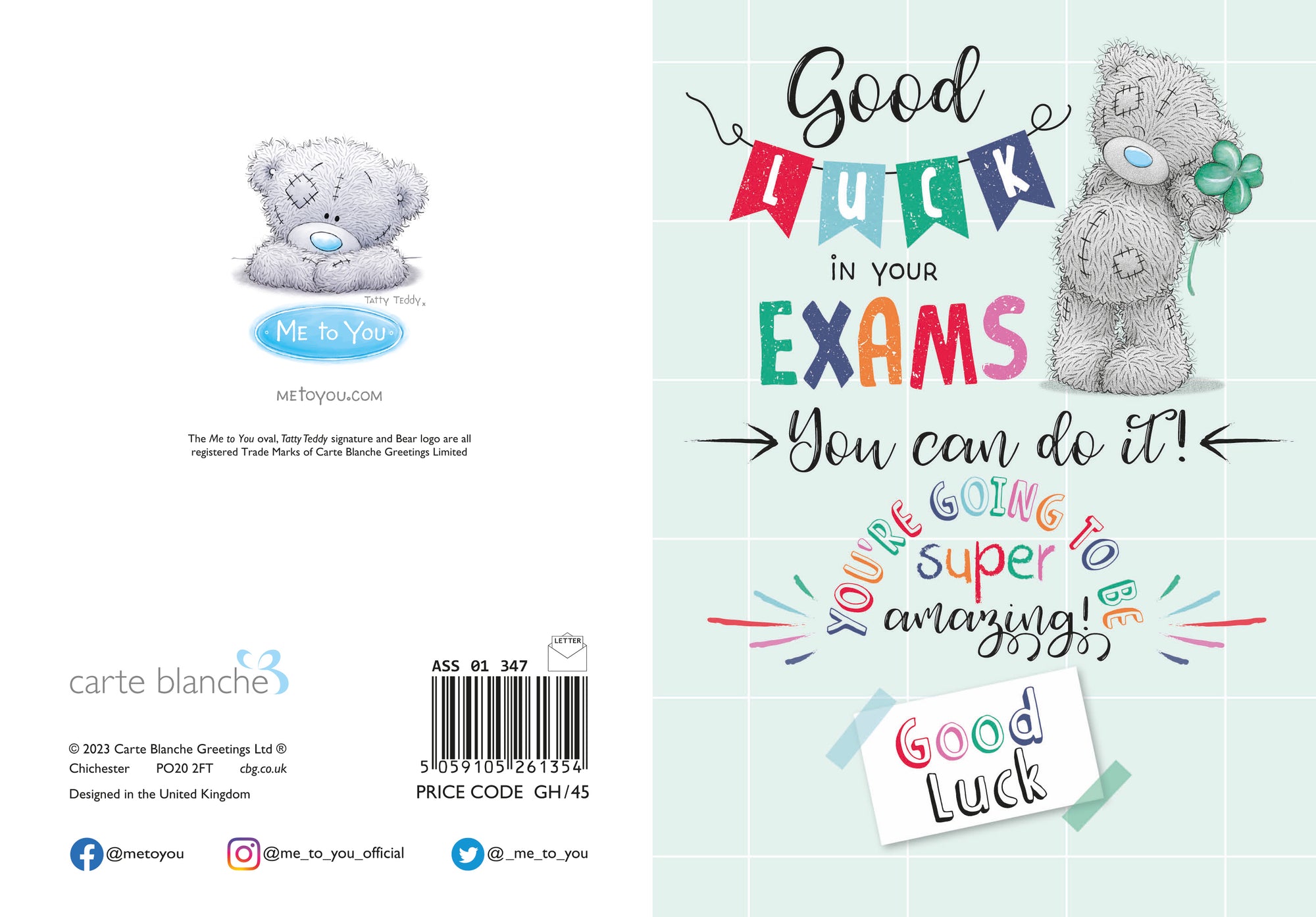 Me To You Tatty Teddy Good Luck In Your Exams Greeting Card 5x7ins - Official Collection
