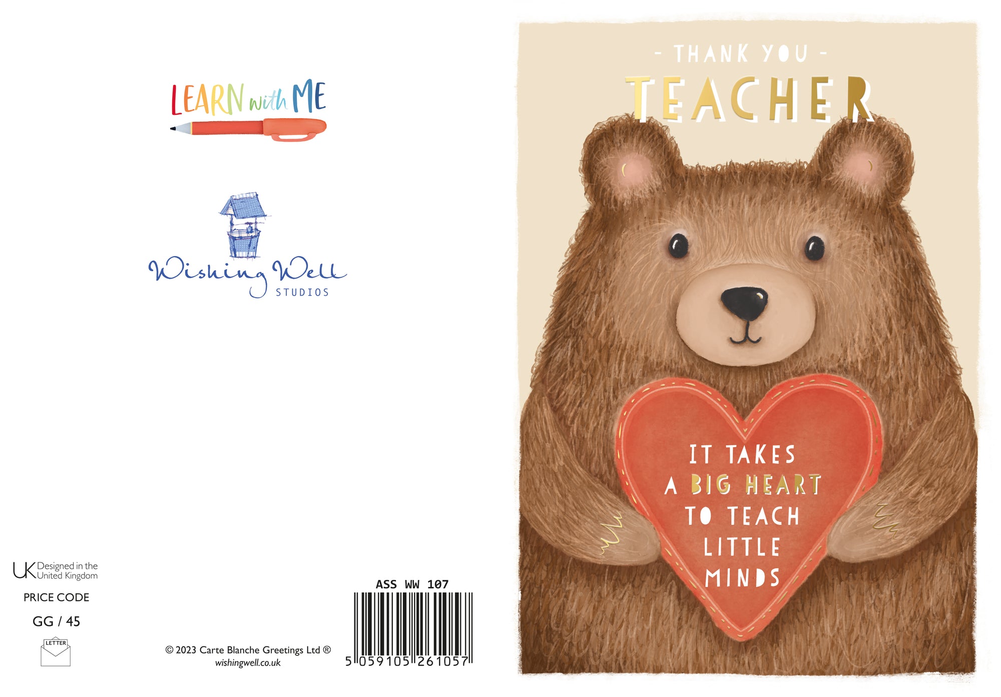 Wishing Well Thank You Teacher Fluffy Bear Design, Greeting Card Studios 5 x 7ins - Official Collection