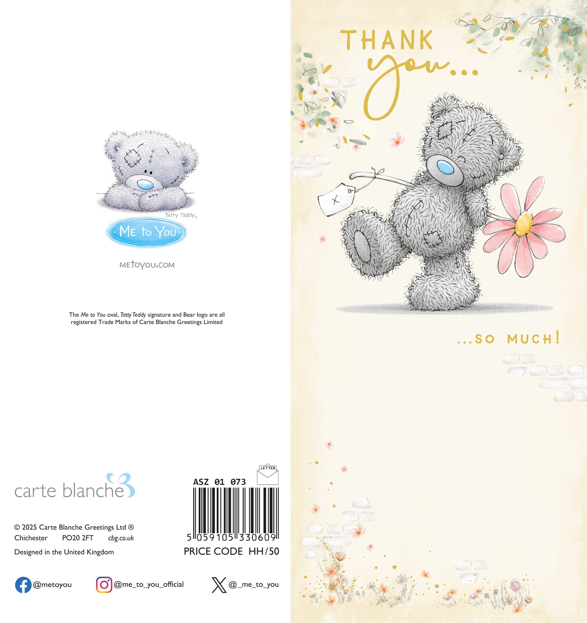 Me to You Tatty Teddy Thank You Greeting Card 8 x 4 Inches (20 x 10 Cms) - Official Collection