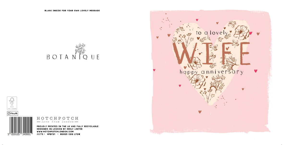 Luxury Foiled Wedding Anniversary Card For Wife - Contemporary Greeting Card, Botanique Range by Hotchpotch London 6 x 6