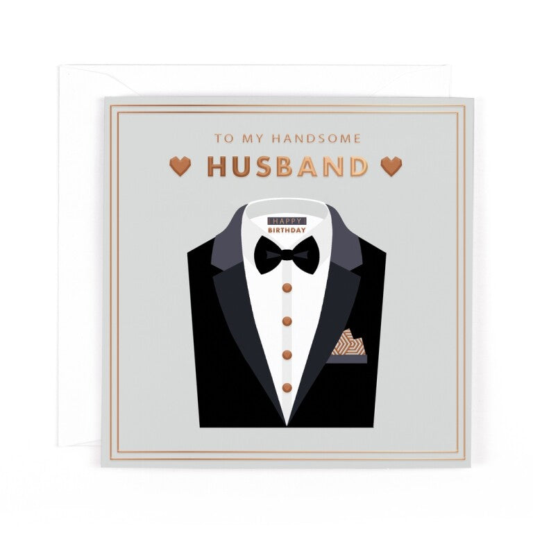 Luxury Foiled Birthday Card 'To My Handsome Husband' - Pocket Square Greeting Card by Hotchpotch London Size 6 x 6 inches