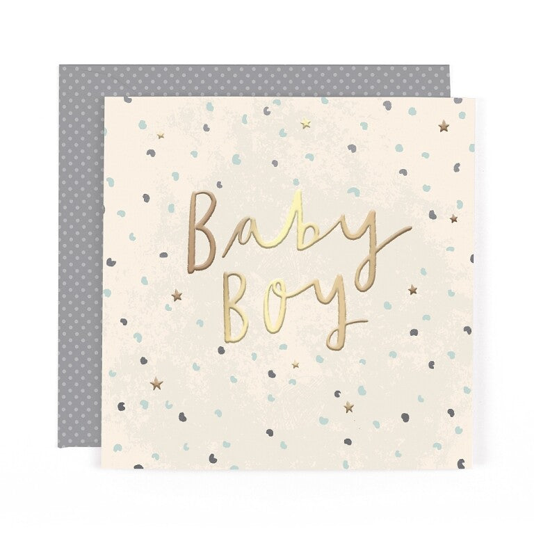 Stunning Foiled New Baby Birth Congrats Card For Baby Boy, With Bespoke Dotty Envelope - Anise Greeting Card by Hotchpotch London Size 6 x 6 inches