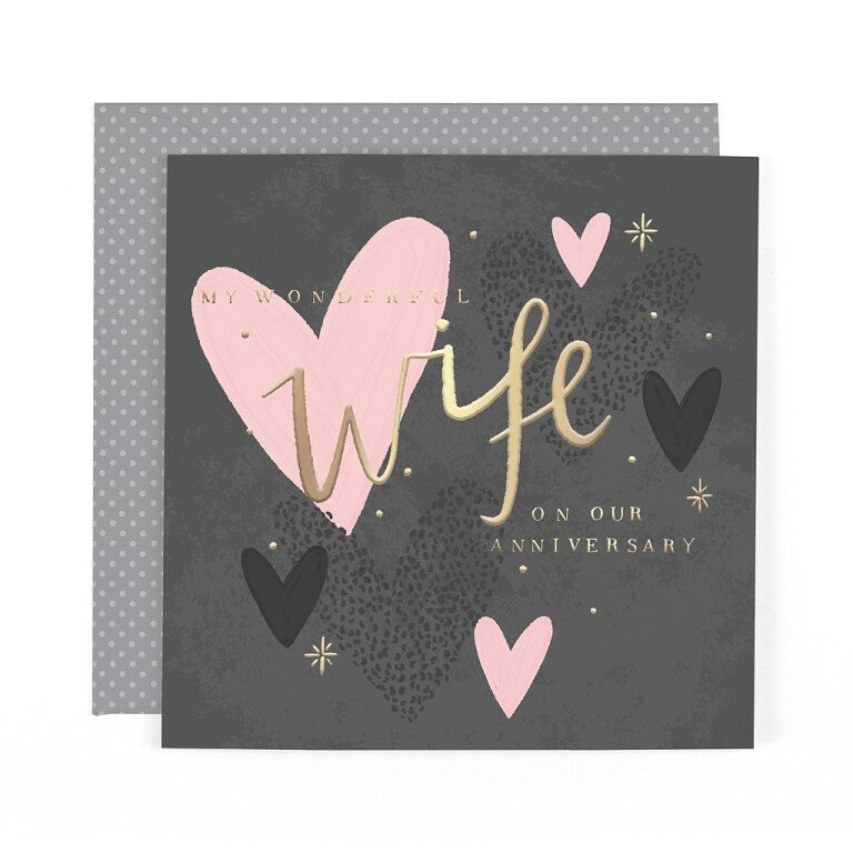 Stunning Foiled Anniversary Card For Wonderful Wife, With Bespoke Dotty Envelope - Anise Greeting Card by Hotchpotch London Size 6 x 6 inches