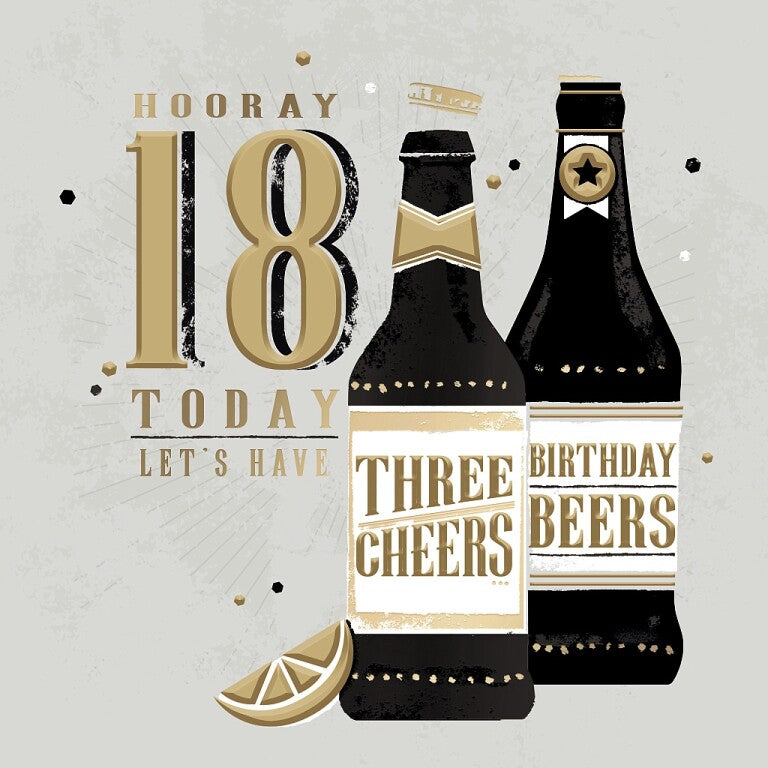 Fun Foiled Birthday Card For 18th Birthday, Birthday Cheers - Milestone Birthday Greeting Card by Hotchpotch London Size 6 x 6 inches