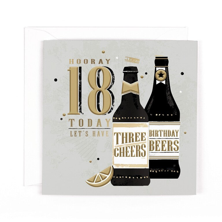 Fun Foiled Birthday Card For 18th Birthday, Birthday Cheers - Milestone Birthday Greeting Card by Hotchpotch London Size 6 x 6 inches