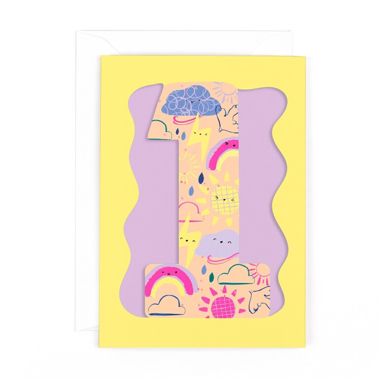 Fun Birthday Card For Girl's 1st Birthday, Birthday Card With Die-cut Detail And Neon Colours - Doodle Greeting Card by Hotchpotch London Size 5 x 7 inches