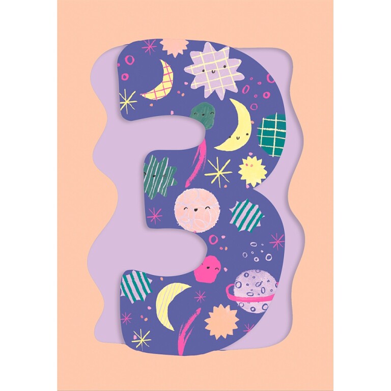 Fun Birthday Card For Girl's 3rd Birthday, Birthday Card With Die-cut Detail And Neon Colours - Doodle Greeting Card by Hotchpotch London Size 5 x 7 inches