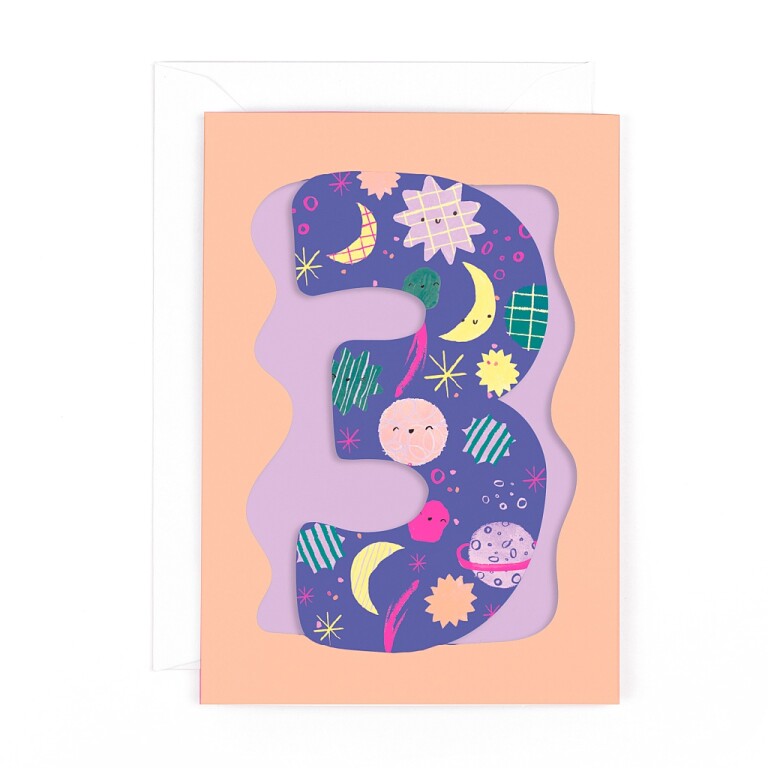 Fun Birthday Card For Girl's 3rd Birthday, Birthday Card With Die-cut Detail And Neon Colours - Doodle Greeting Card by Hotchpotch London Size 5 x 7 inches