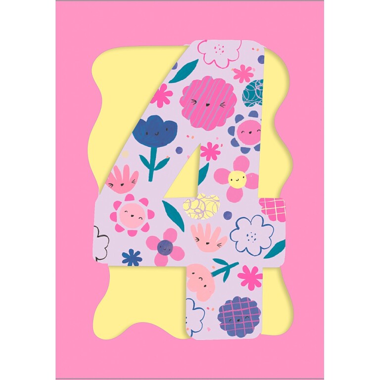 Fun Birthday Card For Girl's 4th Birthday, Birthday Card With Die-cut Detail And Neon Colours - Doodle Greeting Card by Hotchpotch London Size 5 x 7 inches