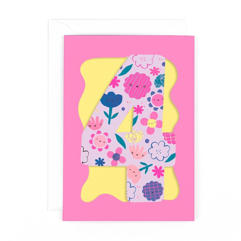 Fun Birthday Card For Girl's 4th Birthday, Birthday Card With Die-cut Detail And Neon Colours - Doodle Greeting Card by Hotchpotch London Size 5 x 7 inches