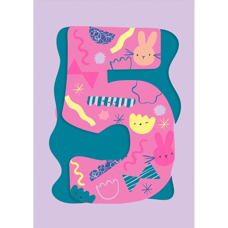 Fun Birthday Card For Girl's 5th Birthday, Birthday Card With Die-cut Detail And Neon Colours - Doodle Greeting Card by Hotchpotch London Size 5 x 7 inches