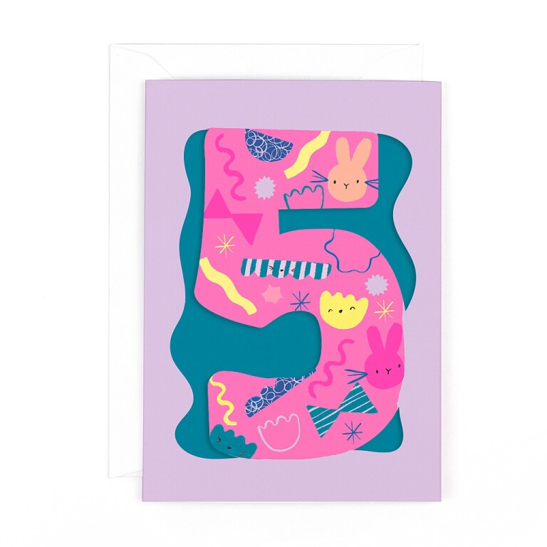 Fun Birthday Card For Girl's 5th Birthday, Birthday Card With Die-cut Detail And Neon Colours - Doodle Greeting Card by Hotchpotch London Size 5 x 7 inches