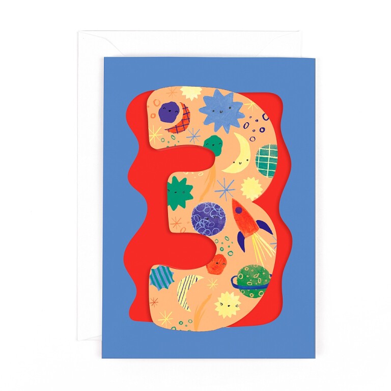 Fun Birthday Card For Boy's 3rd Birthday, Birthday Card With Die-cut Detail And Neon Colours - Doodle Greeting Card by Hotchpotch London Size 5 x 7 inches