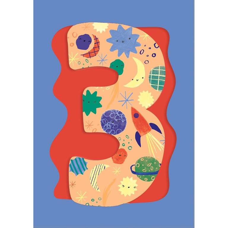 Fun Birthday Card For Boy's 3rd Birthday, Birthday Card With Die-cut Detail And Neon Colours - Doodle Greeting Card by Hotchpotch London Size 5 x 7 inches