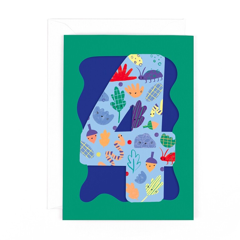 Fun Birthday Card For Boy's 4th Birthday, Birthday Card With Die-cut Detail And Neon Colours - Doodle Greeting Card by Hotchpotch London Size 5 x 7 inches
