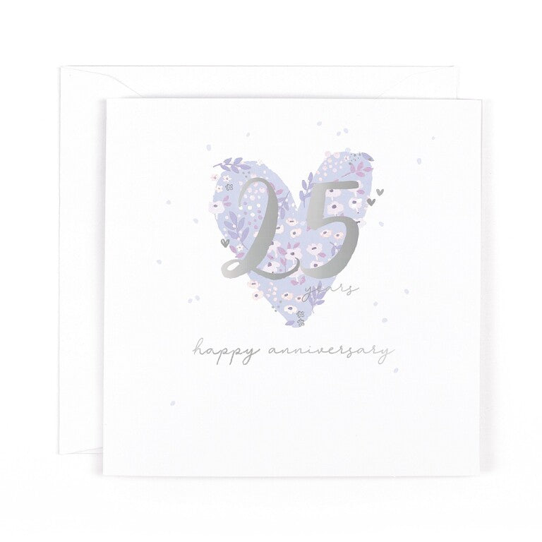 Stunning Silver Wedding Anniversary Congratulations Card, Hand-Painted Floral Design With Silver Foil For 25-Year Anniversary - Primrose Hill Collection by Hotchpotch London Size 6 x 6 inches