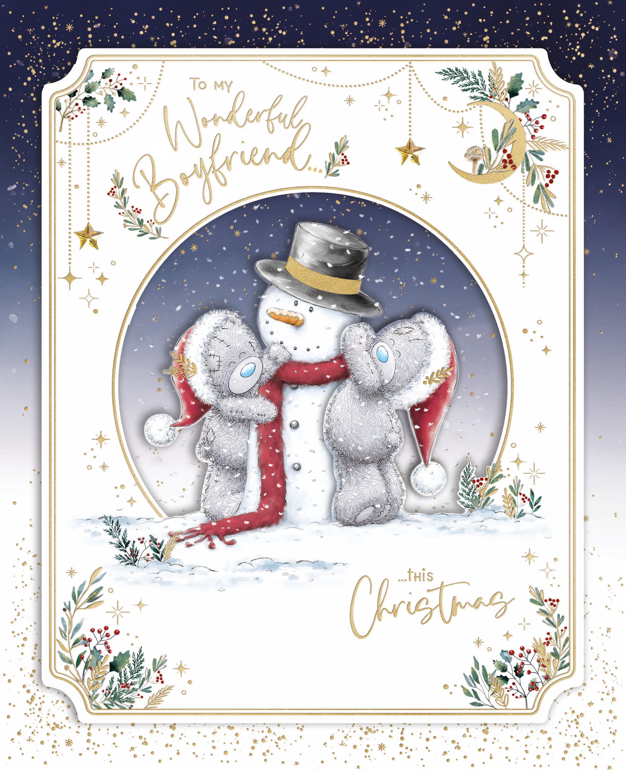 Me To You Tatty Teddy Luxury Boxed Handmade Christmas Card For Wonderful Boyfriend, Tatty Teddy Bears With Snowman 8x10ins - Official Collection