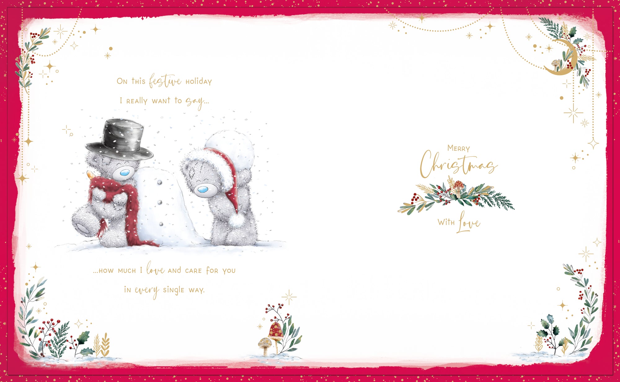 Me To You Tatty Teddy Luxury Boxed Handmade Christmas Card For Wonderful Boyfriend, Tatty Teddy Bears With Snowman 8x10ins - Official Collection