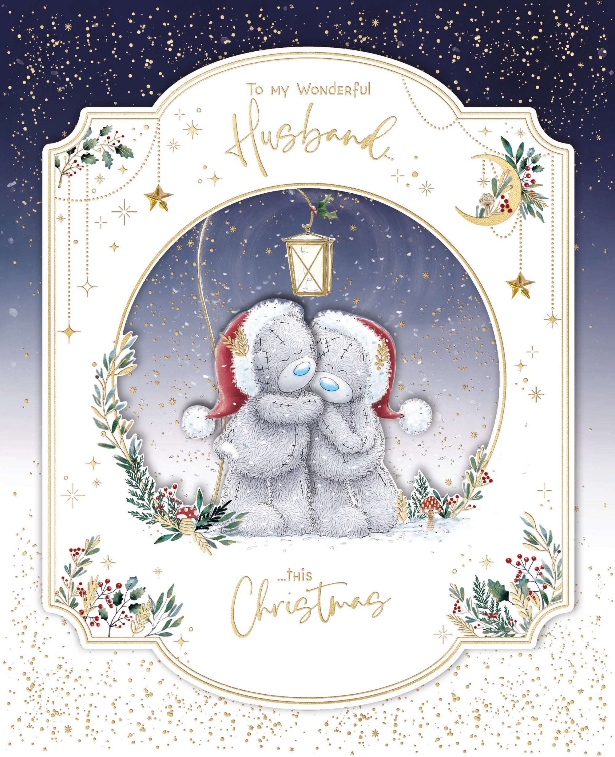 Me To You Tatty Teddy Luxury Boxed Handmade Christmas Card For A Wonderful Husband, Santa Bears Under Lamp 8x10ins - Official Collection