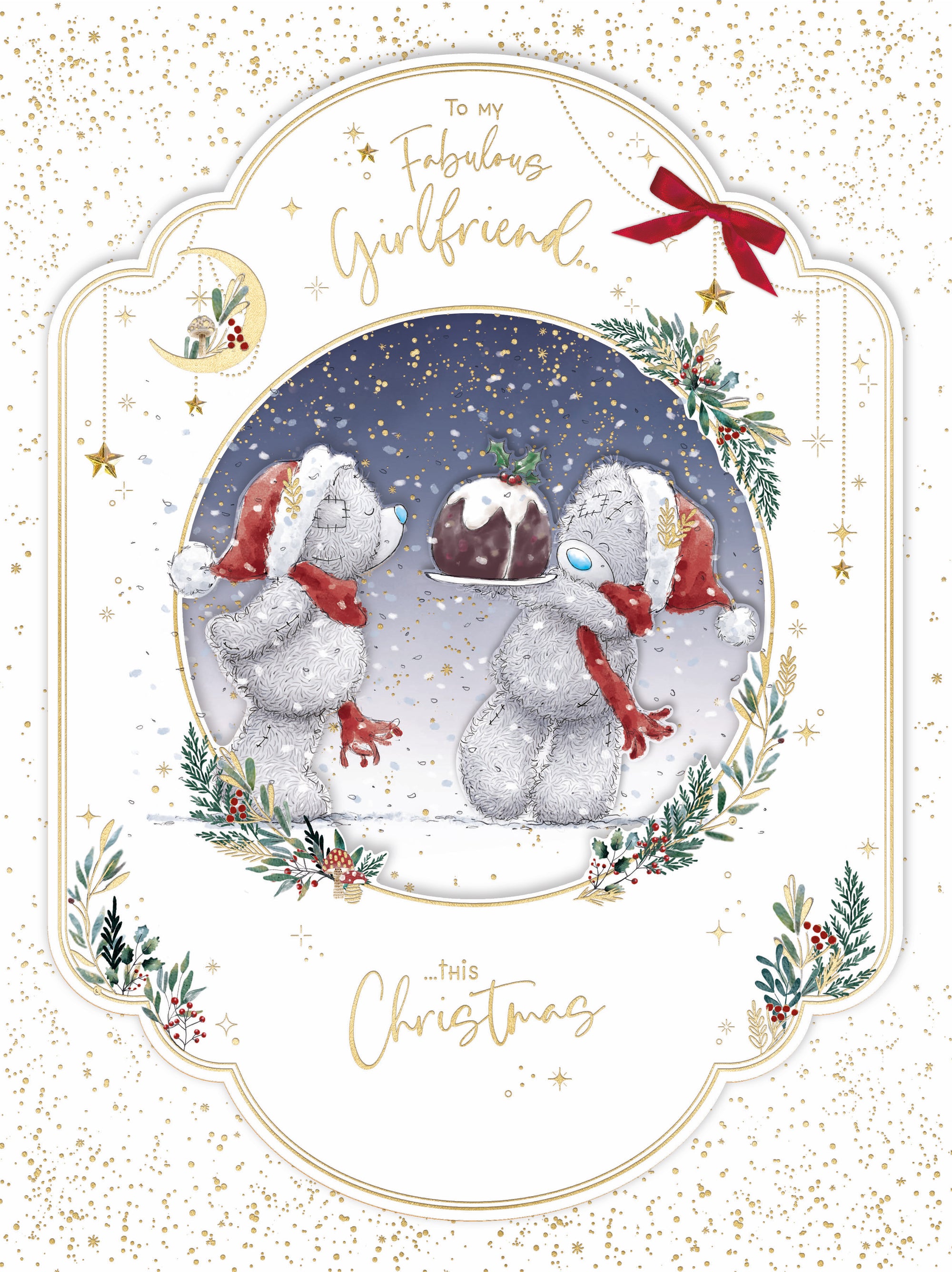 Me To You Tatty Teddy Luxury Large Boxed Handmade Christmas Card For Fabulous Girlfriend, Tatty Teddy Bears With Christmas Pudding 9x12ins - Official Collection