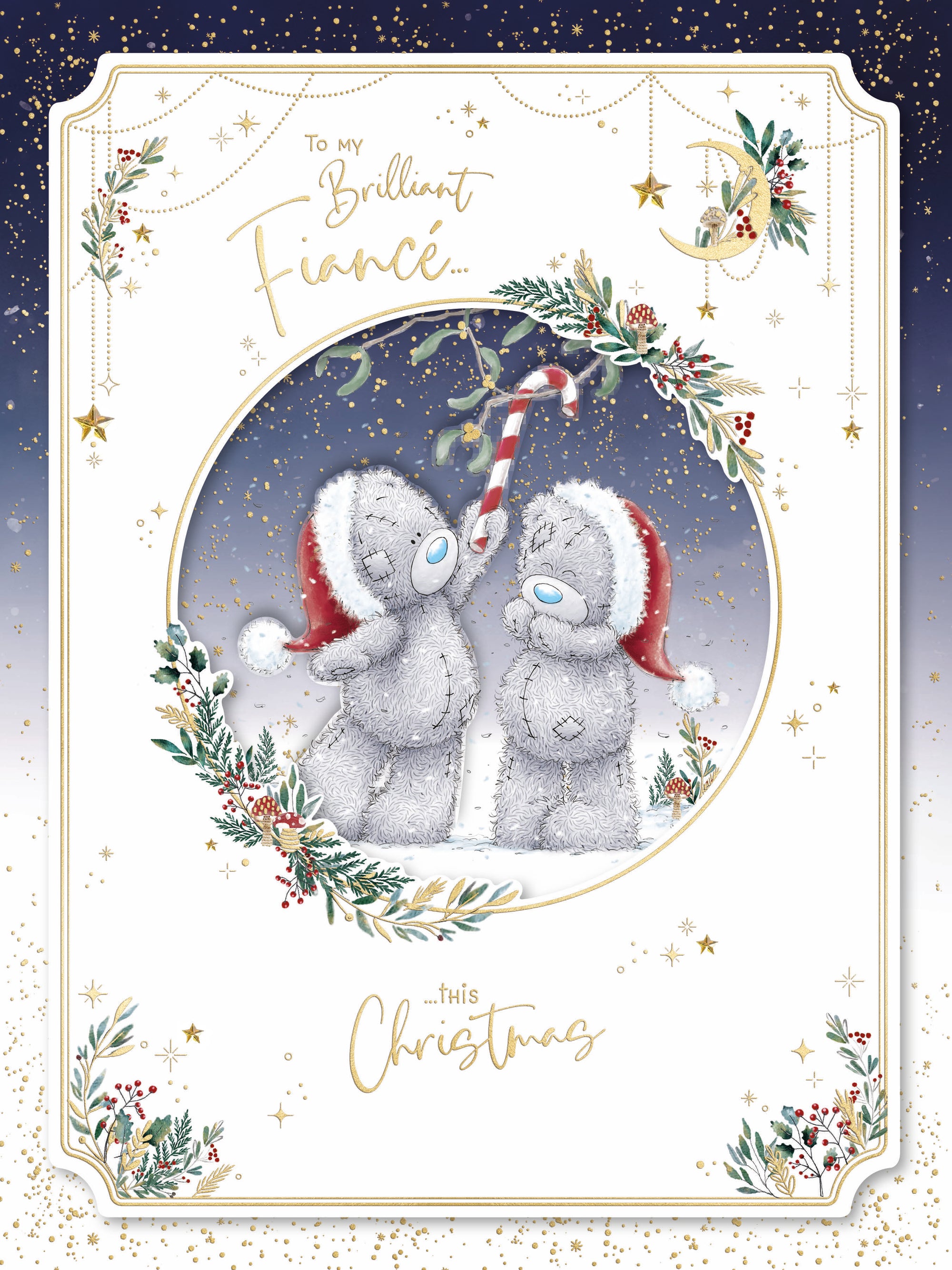 Me To You Tatty Teddy Luxury Boxed Handmade Christmas Card For Brilliant Fiancé, Tatty Teddy Bears In Snow 9x12ins - Official Collection