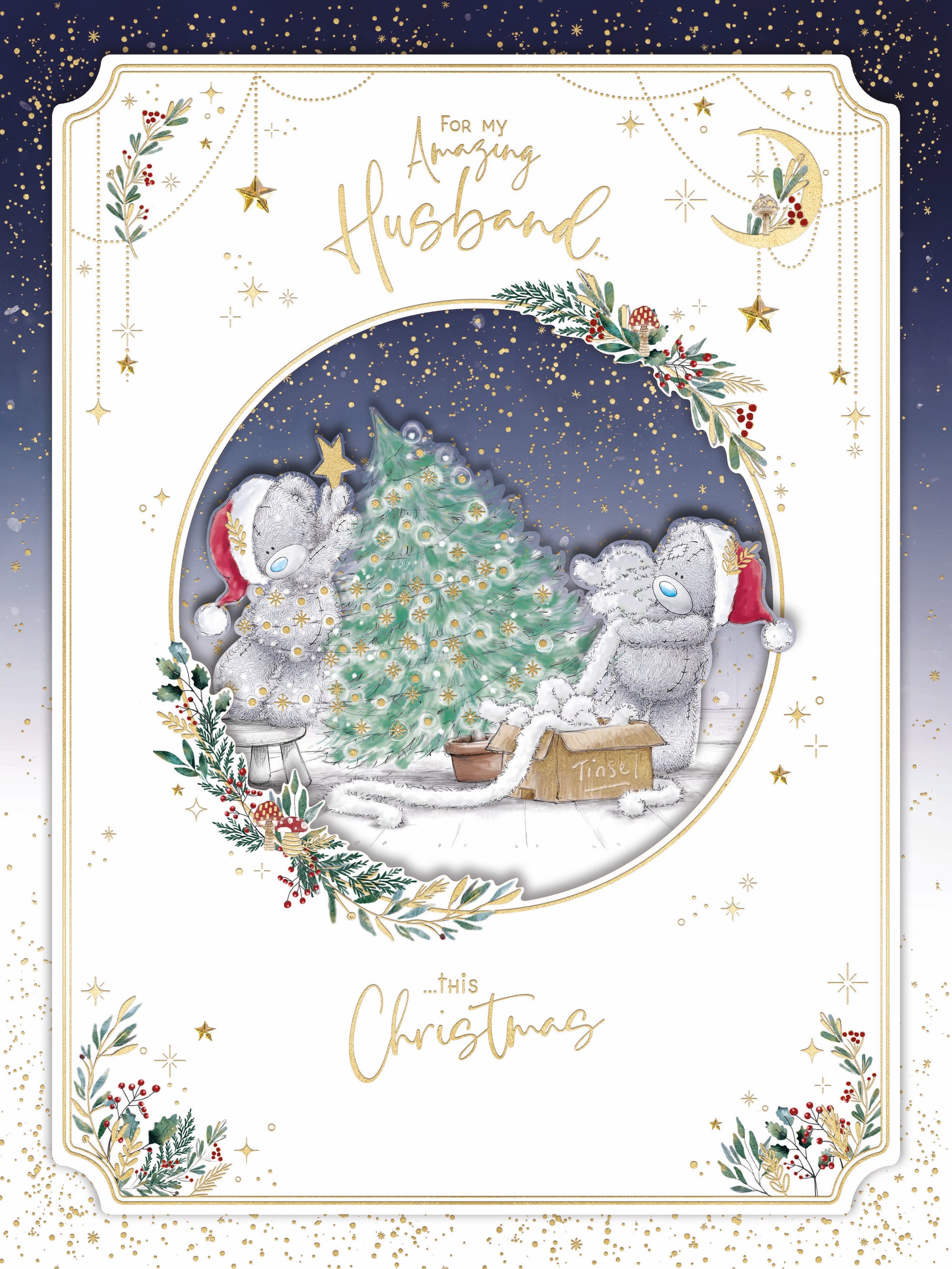 Me To You Tatty Teddy Luxury Handmade Boxed Christmas Card For An Amazing Husband, Tatty Teddy Bears With Tree 12x9ins - Official Collection