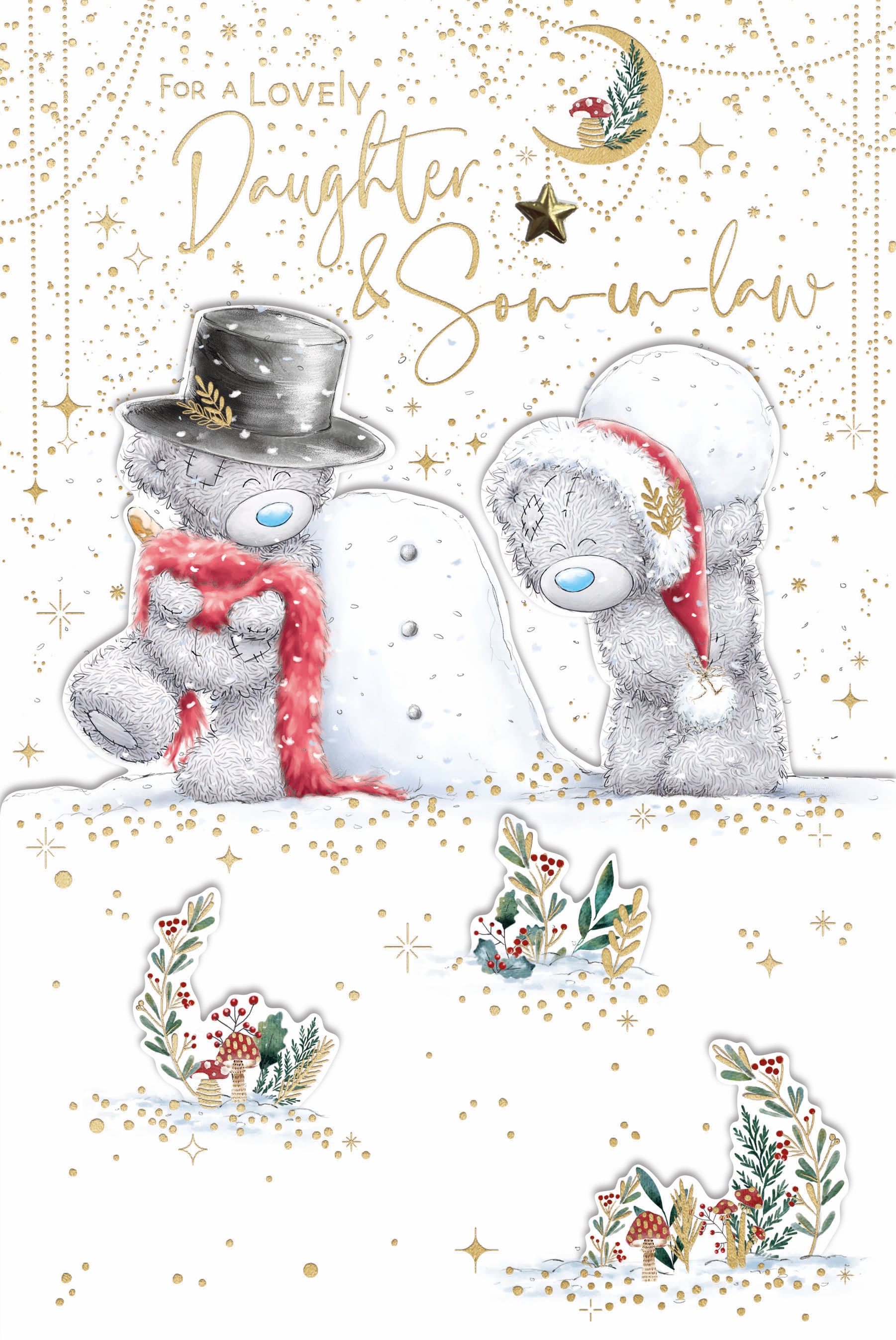 Me To You Tatty Teddy Daughter and Son-in-Law Luxury Handmade Christmas Card, Tatty Teddy Bears Building Snowman 6x9ins - Official Collection