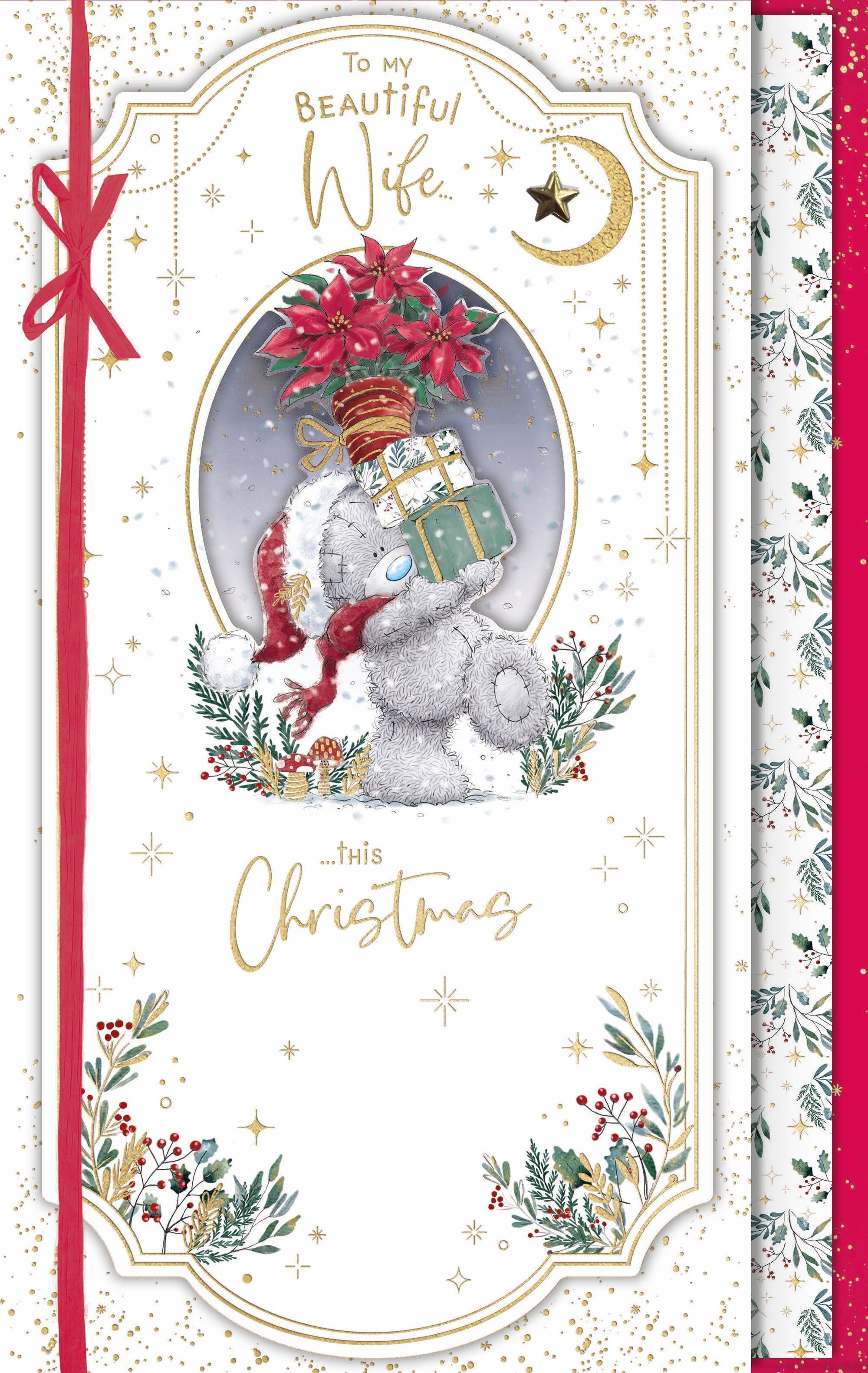 Me To You Tatty Teddy Luxury Handmade Christmas Card For Beautiful Wife, Tatty Teddy Bear With Gifts 7x11ins - Official Collection