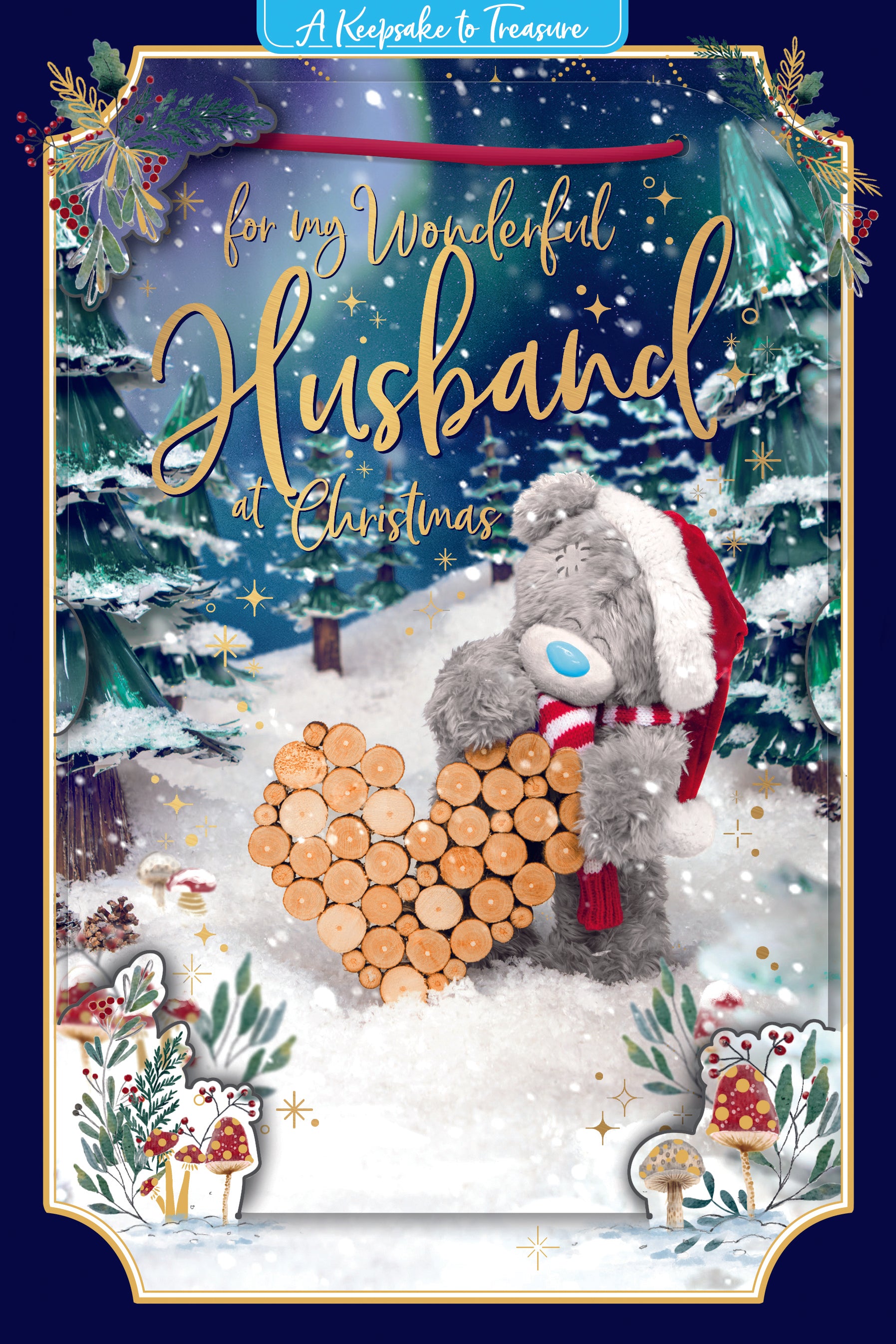 Me to You Tatty Teddy 3D Christmas Keepsake Card For Wonderful Husband, Tatty Teddy With Logpile 6x9ins - Official Collection